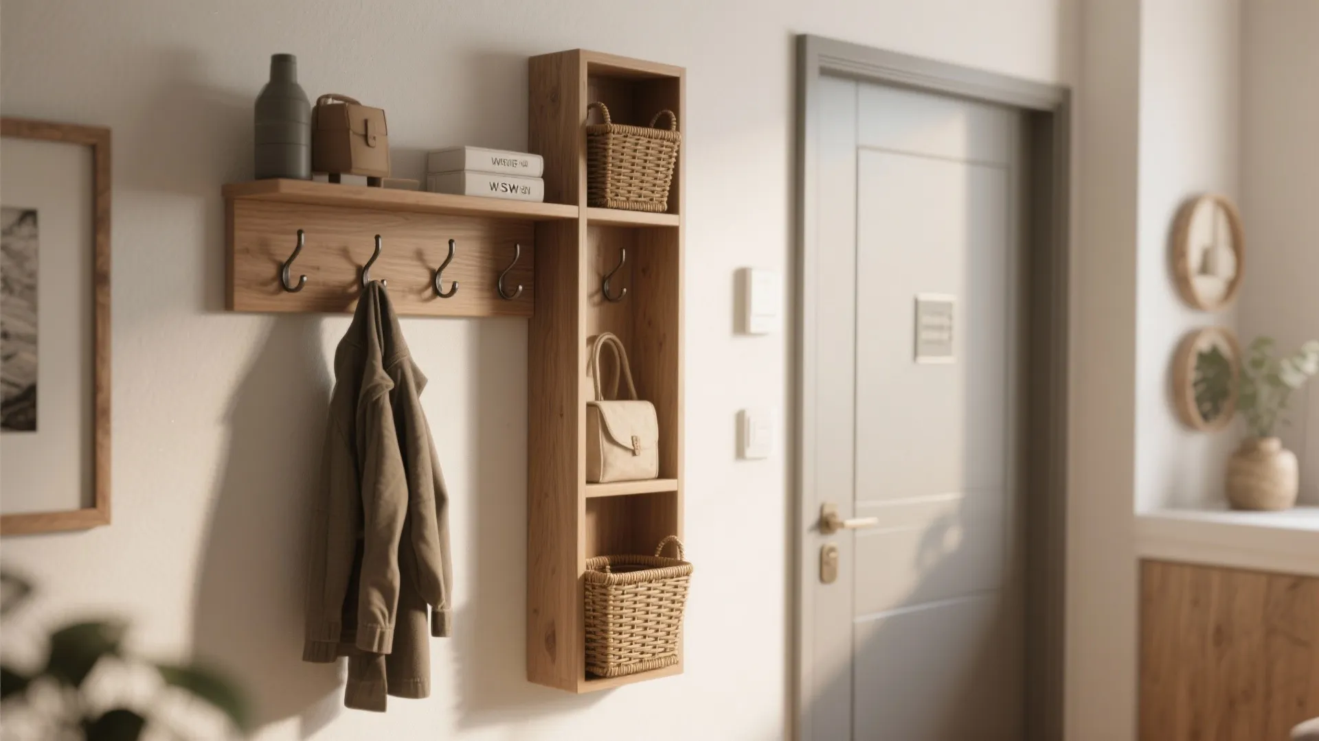 Wooden wall hooks and vertical shelf holding a jacket bags and baskets near an entryway door