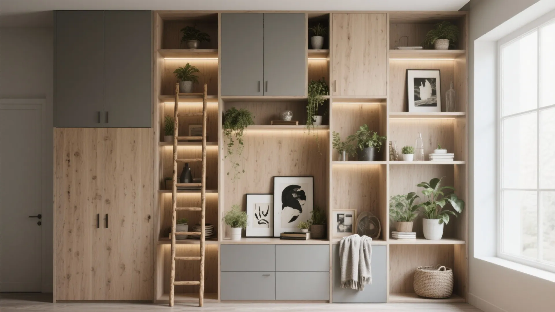 Large wooden wall cabinet with shelves for plants and pictures including a tall wooden ladder