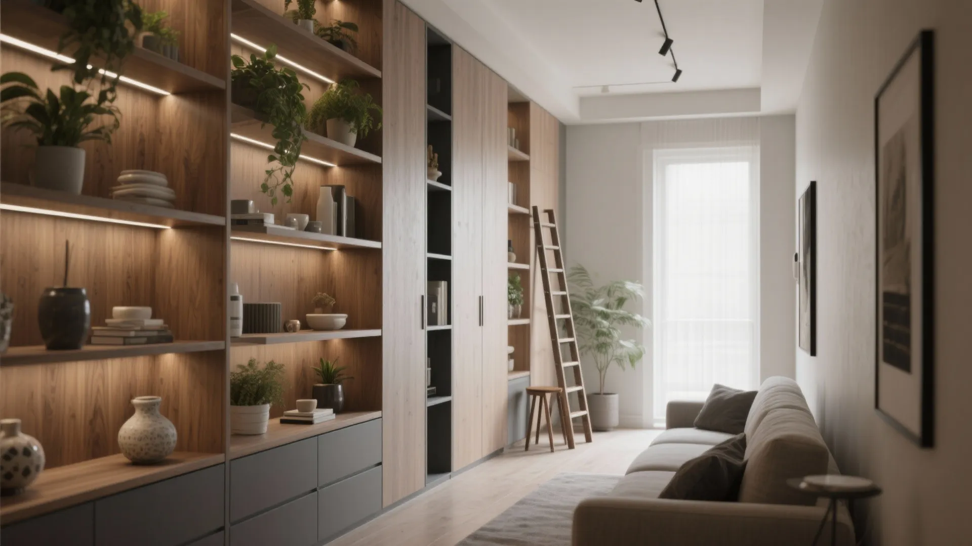 Narrow living room featuring wooden wall cabinet with plants books ladder sofa and natural light