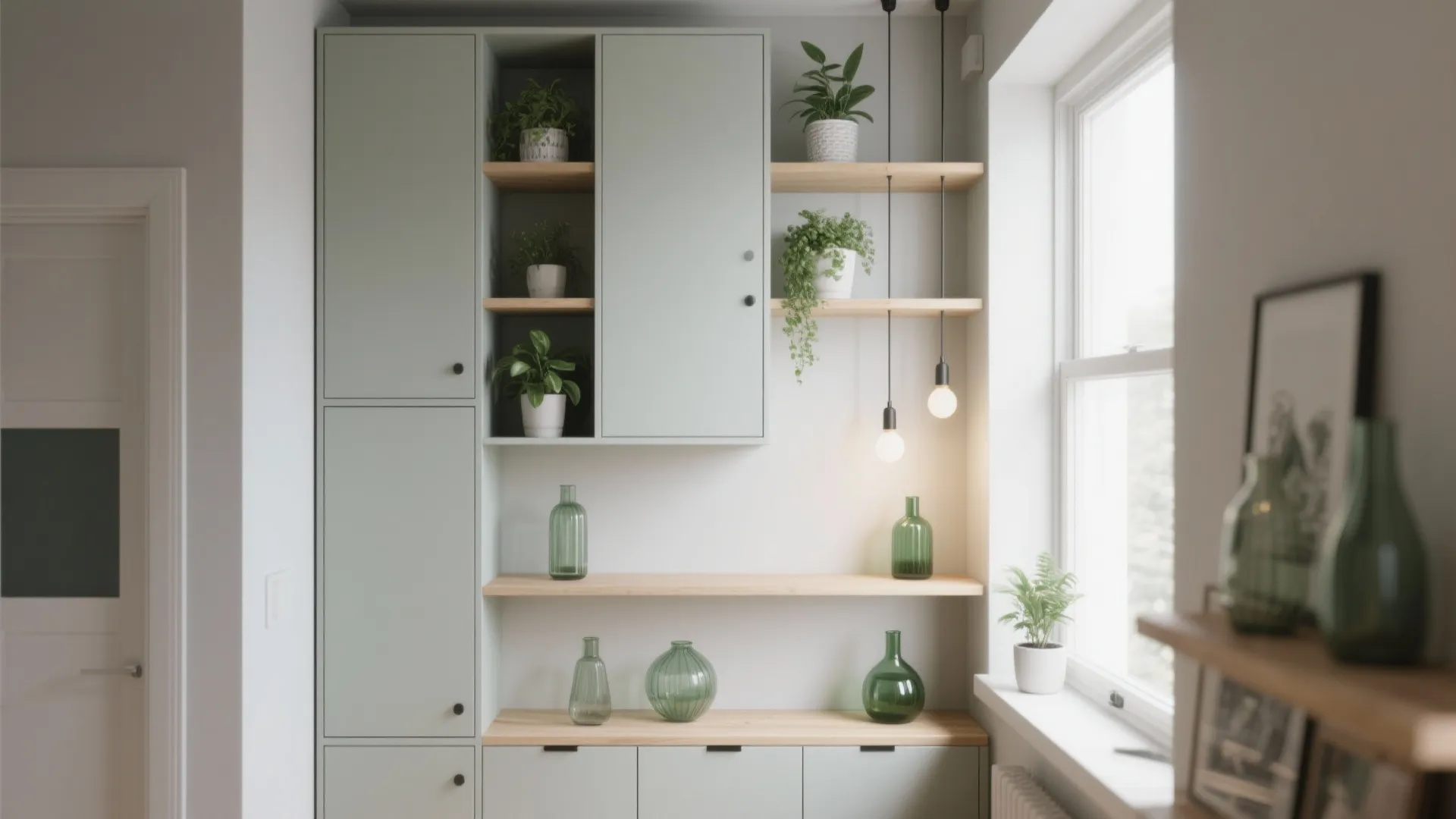 Mint green storage wall with wooden shelves, potted plants, glass bottles, and hanging light bulbs