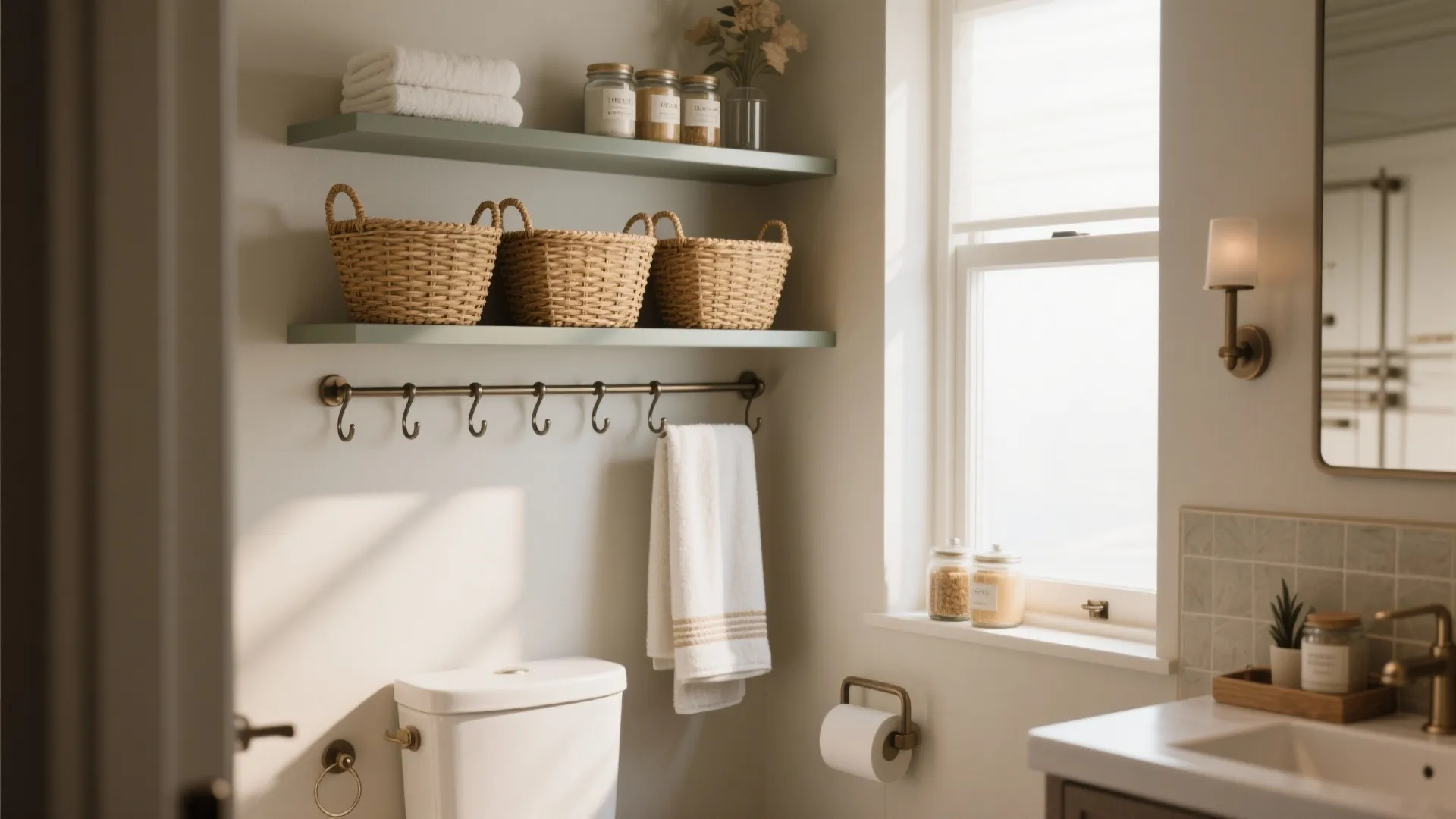Wall shelves with woven baskets and towels above a white toilet in a bright bathroom