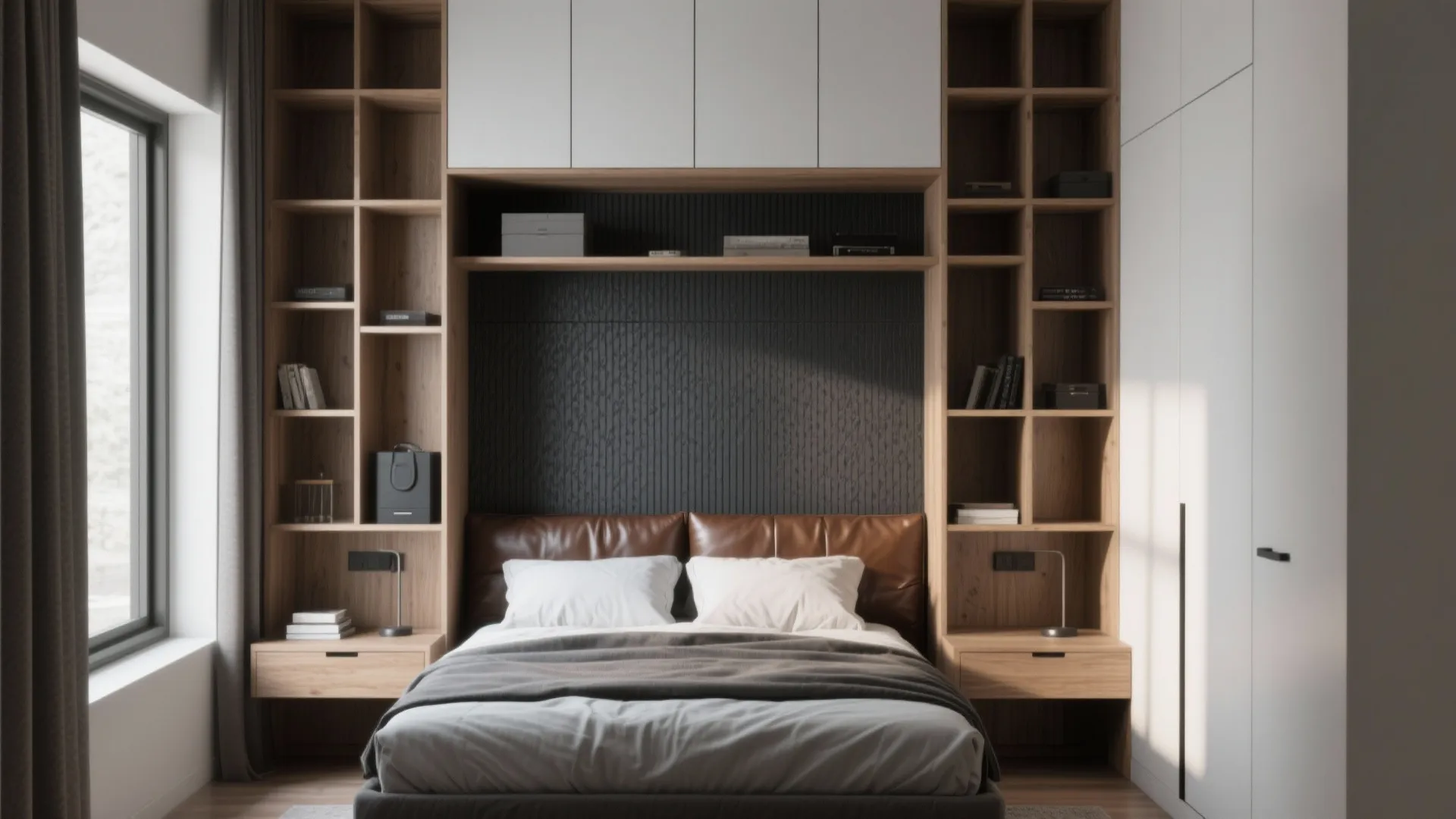 Vertical floor-to-ceiling shelving and wall cabinets in a compact masculine bedroom.