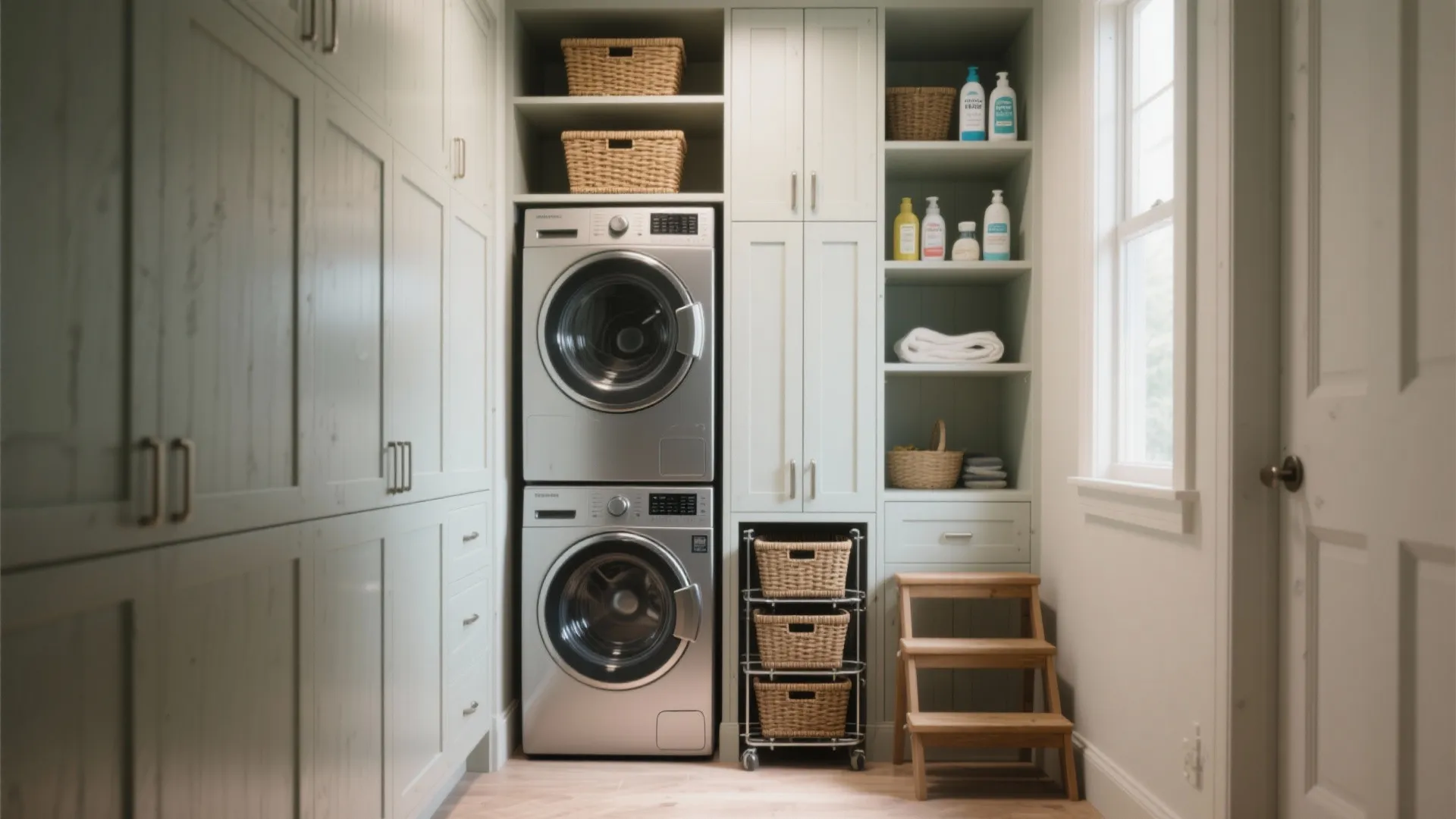 1. Build up: vertical cabinets and stacked appliances