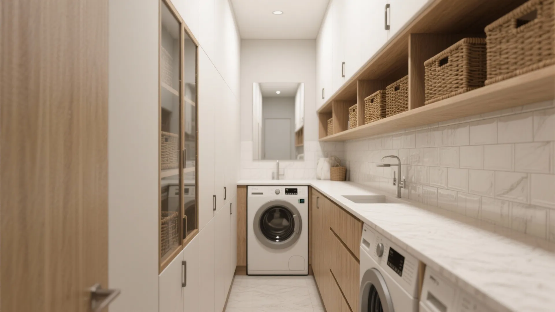 Narrow laundry room with white cabinets wooden shelves woven baskets and front loading washing machines