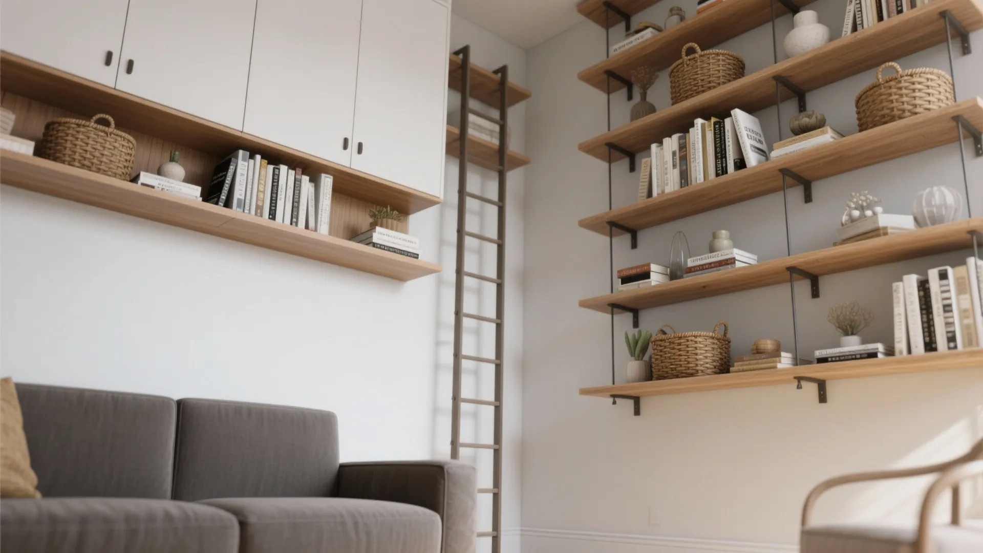 Modern living room featuring high wall shelves with books baskets and a grey fabric sofa