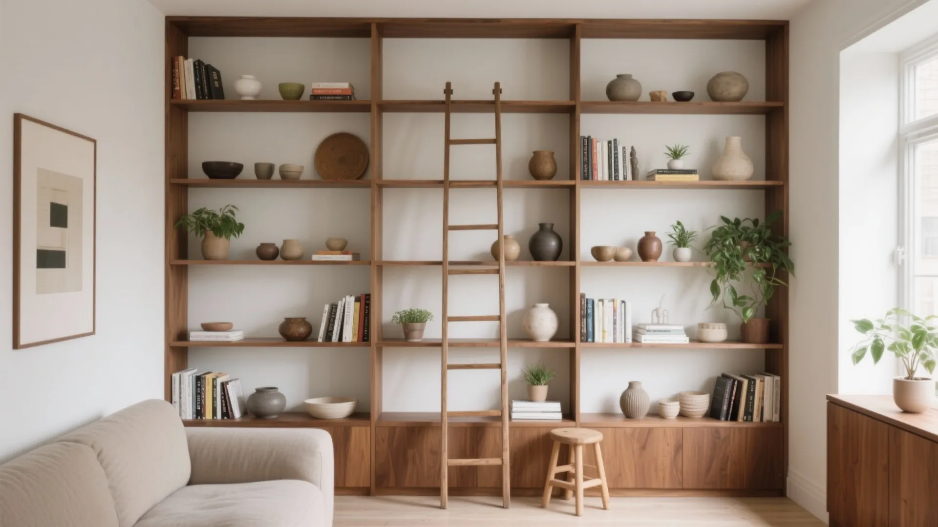 Large wooden bookshelf filled with books and vases featuring a wooden ladder and small stool
