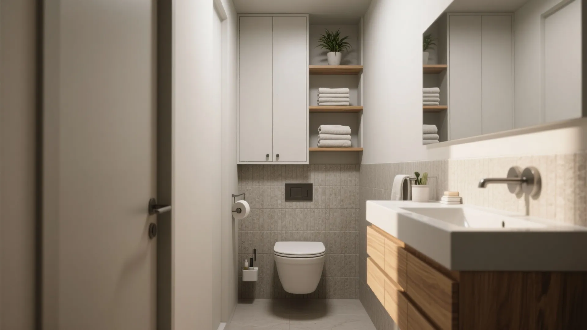 Narrow bathroom design featuring white wall cabinet wooden shelves towels toilet and modern wood vanity