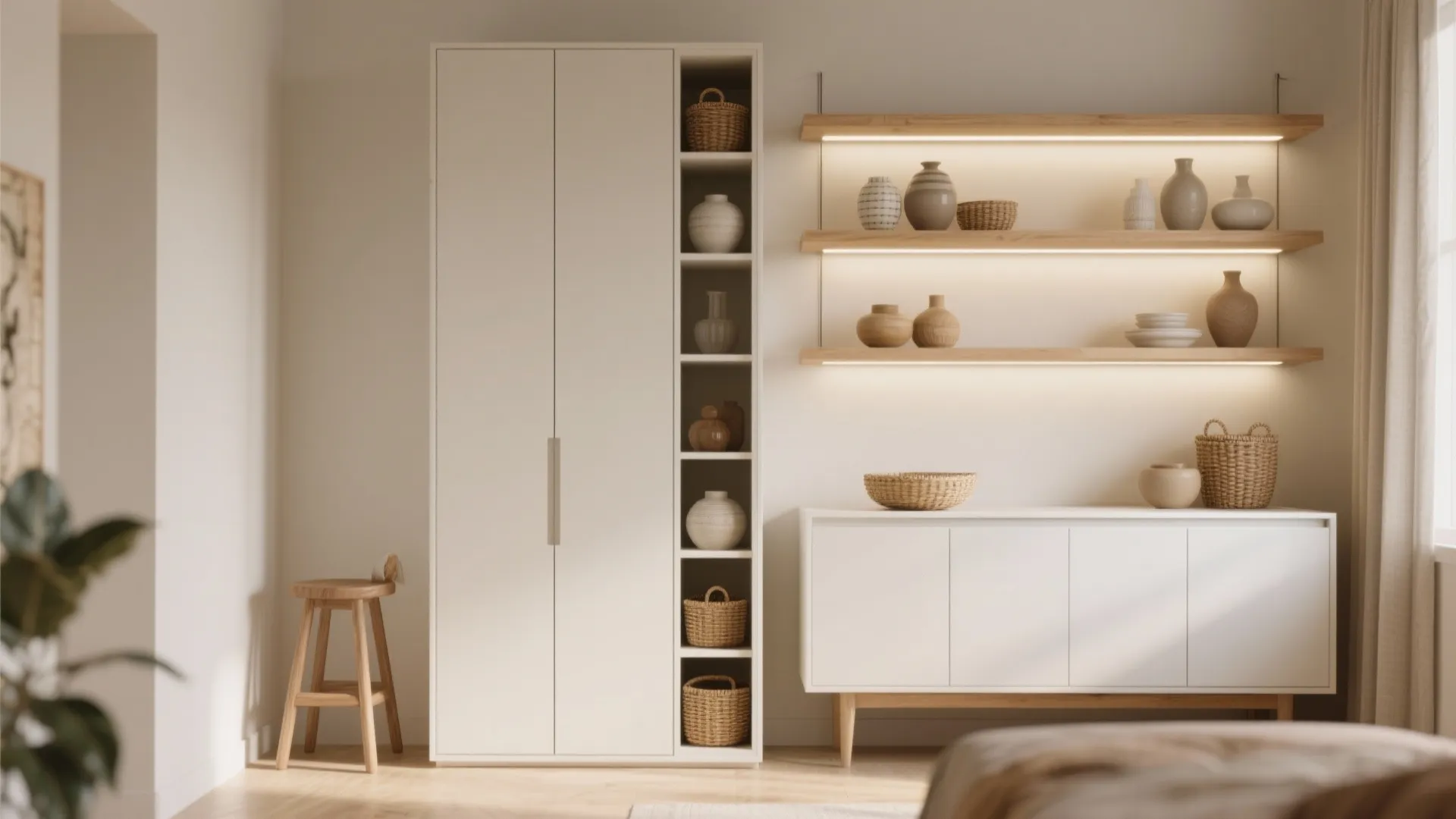 Vertical storage with a tall narrow cabinet and open shelves above a white buffet, lit by slim LED strips.