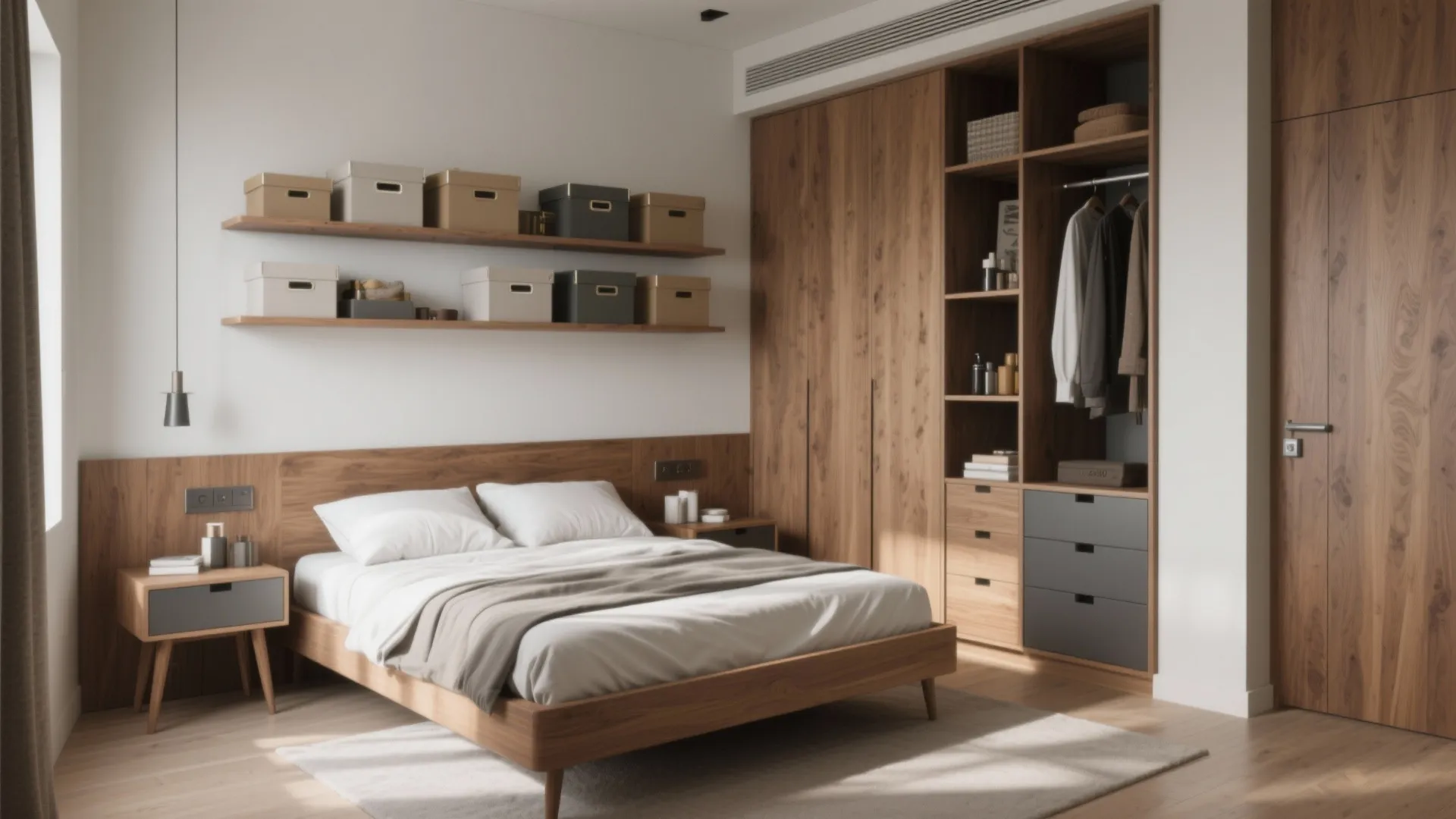2. Vertical storage and floating nightstands