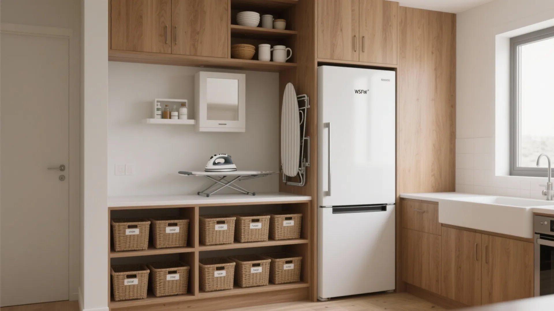 Laundry area with white fridge wooden cabinets storage baskets an ironing board and small iron