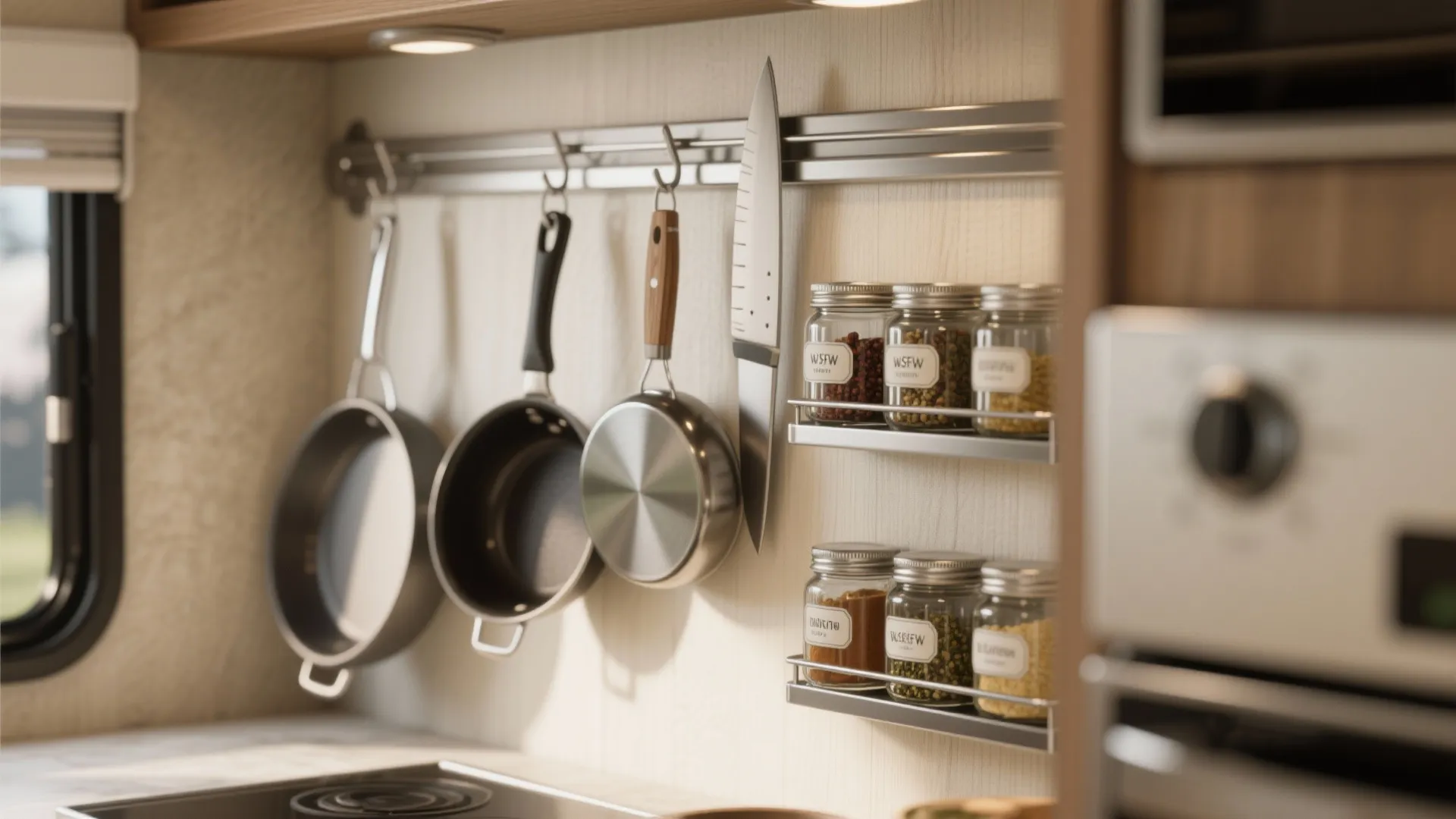 Kitchen wall storage rail hanging metal pans, knife, and small shelves holding glass spice jars