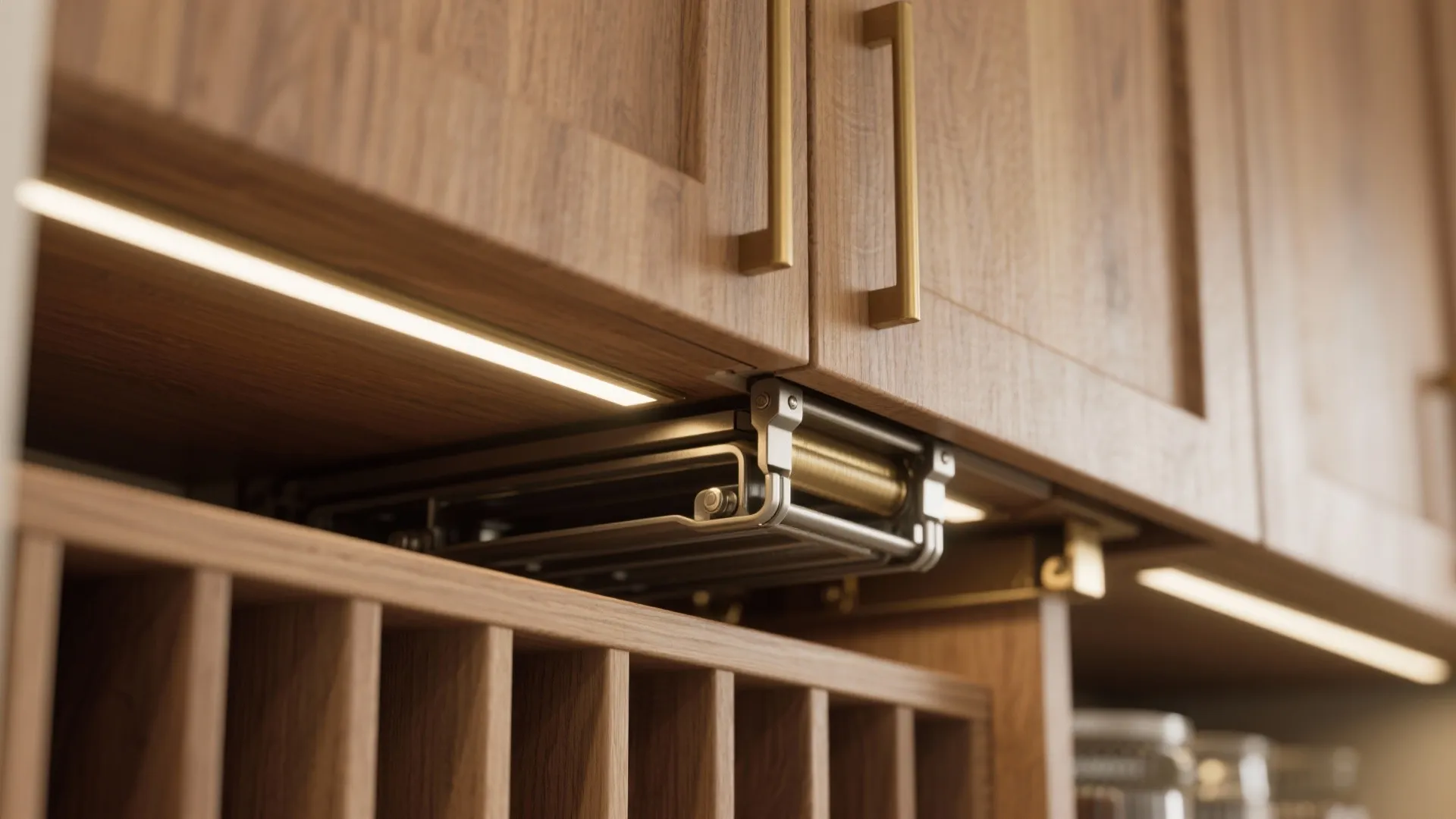 Wooden kitchen cabinets showing a metal pull down storage shelf and bright under cabinet light fixture