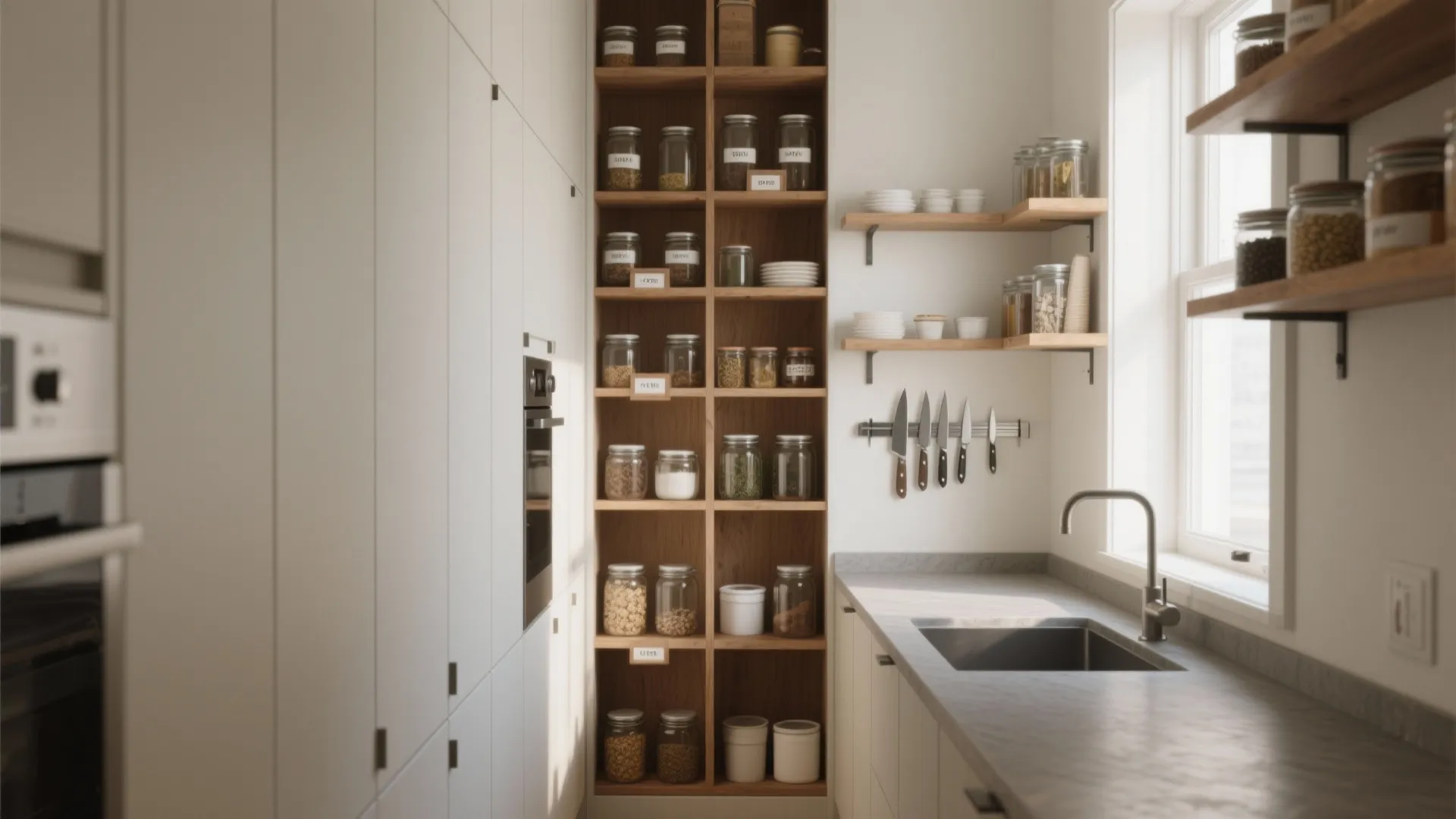 Narrow kitchen with white cabinets wooden shelves glass jars metal sink and natural window light