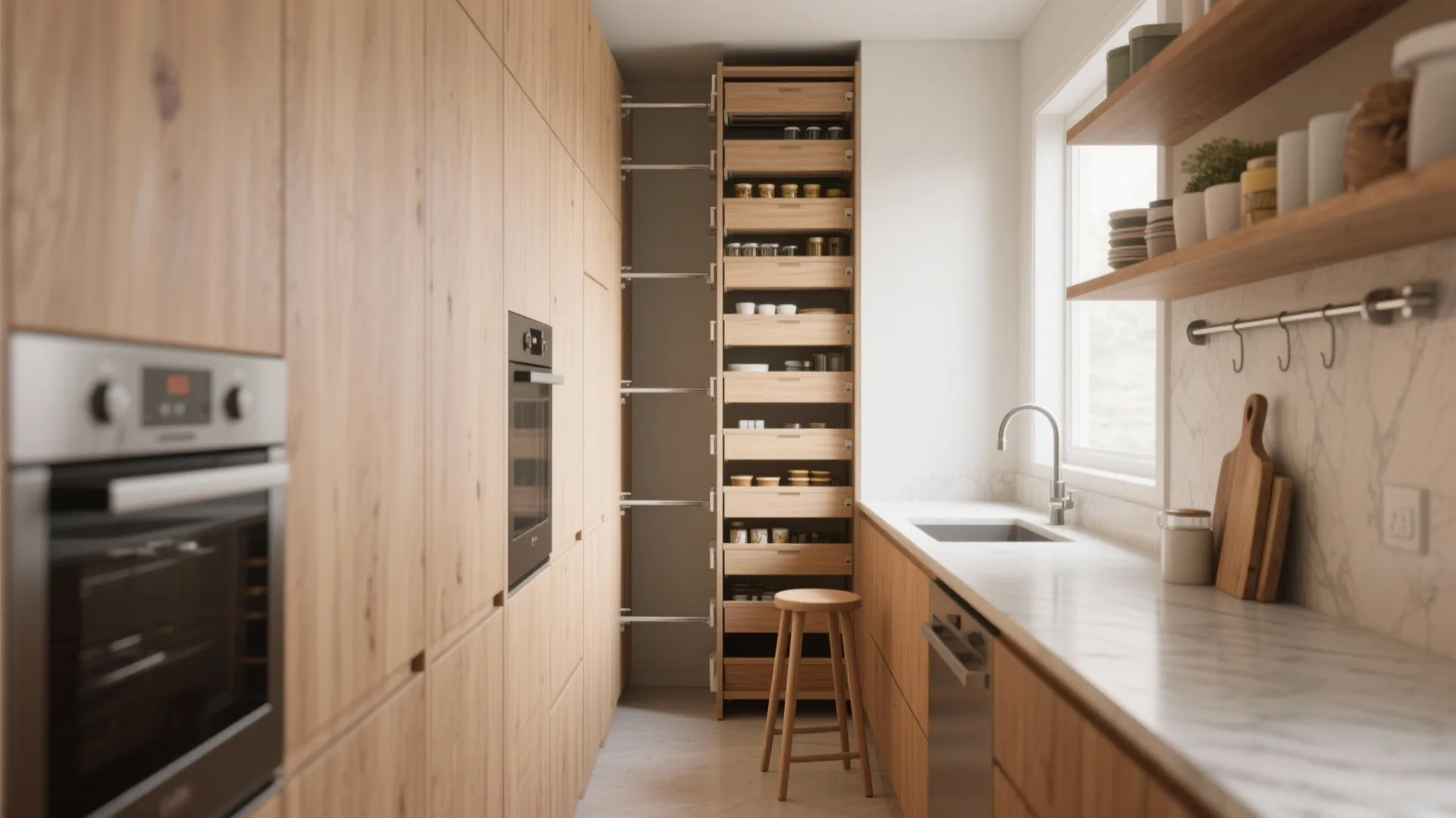 Modern narrow kitchen with wooden cabinets built-in oven white marble countertop and vertical pull-out pantry shelves