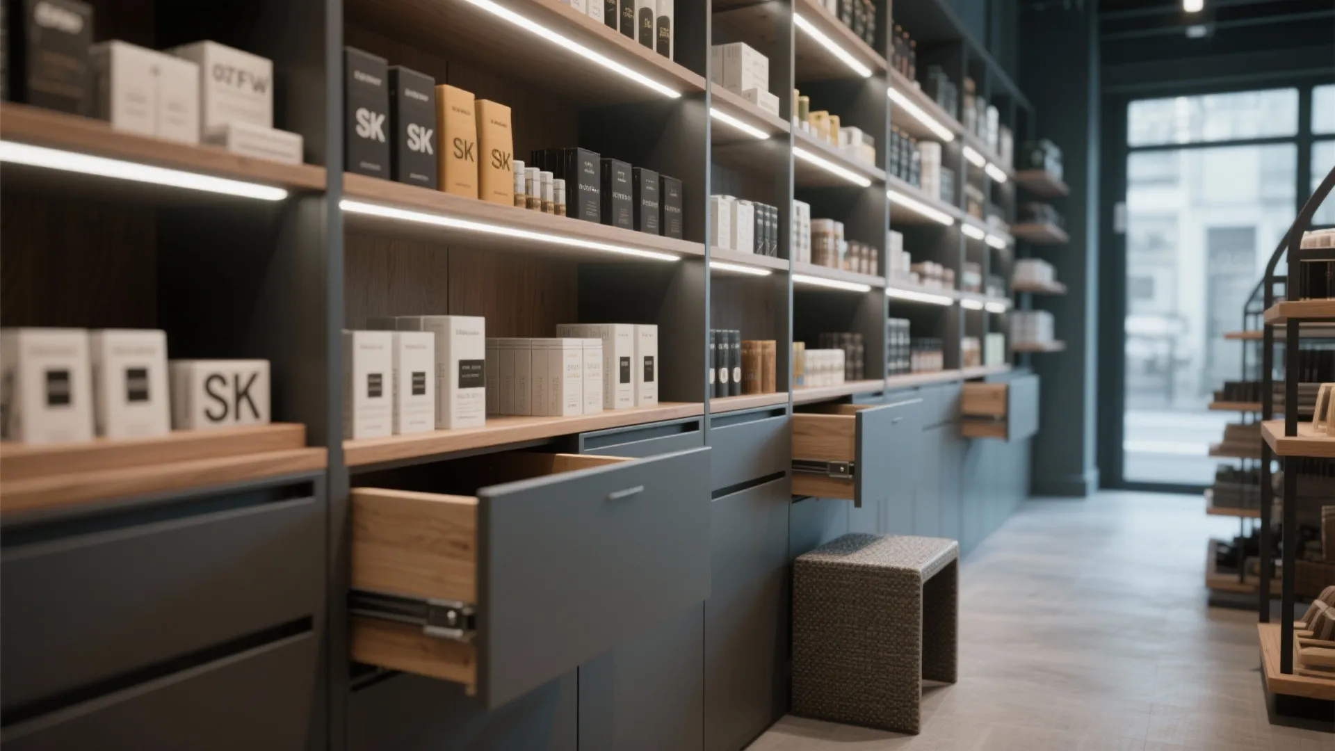 Modern dark shelving unit with wooden shelves integrated light strips open drawers and small grey stool