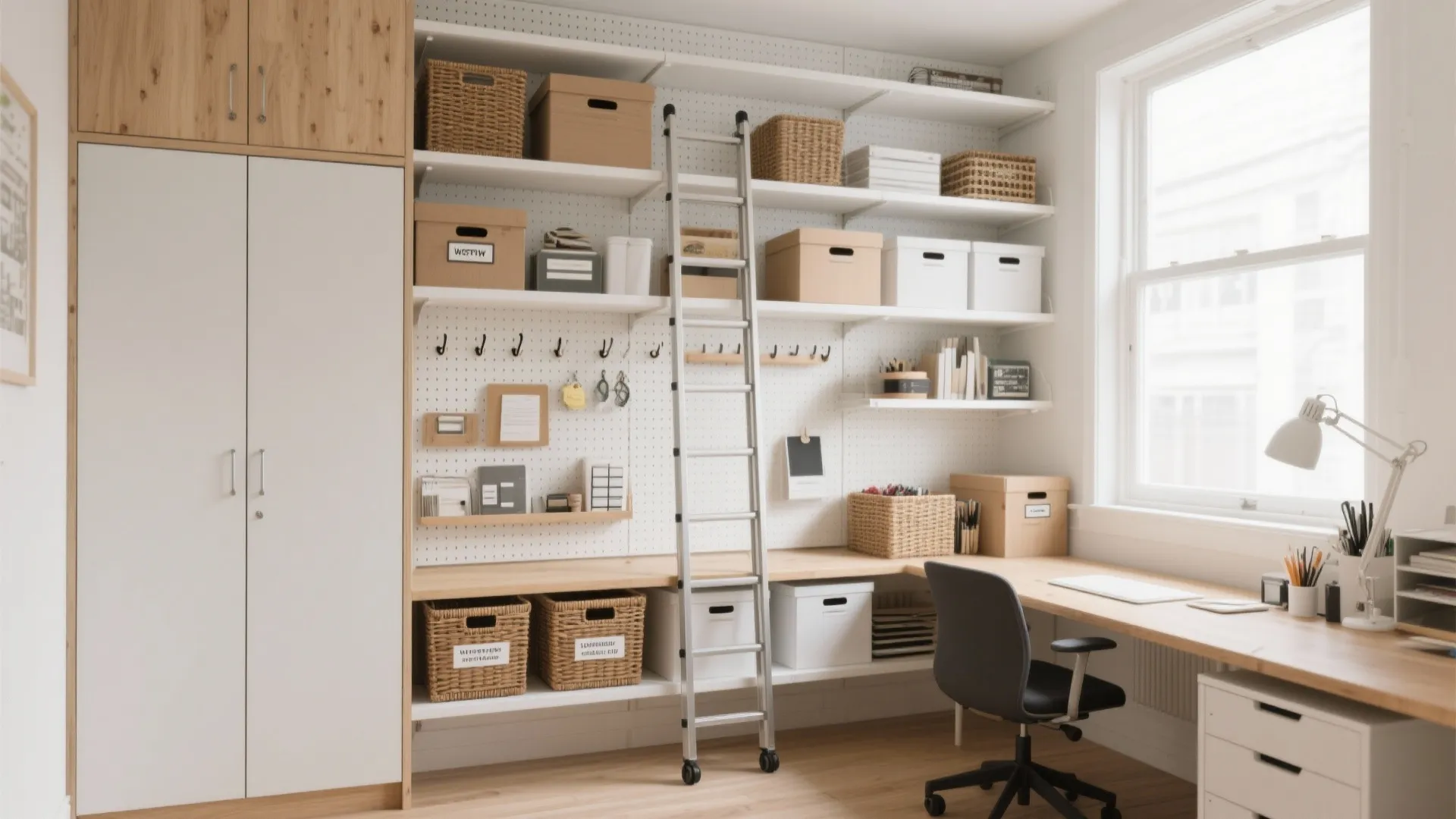 Organized home office workspace with white wall shelves storage boxes baskets ladder and wooden desk