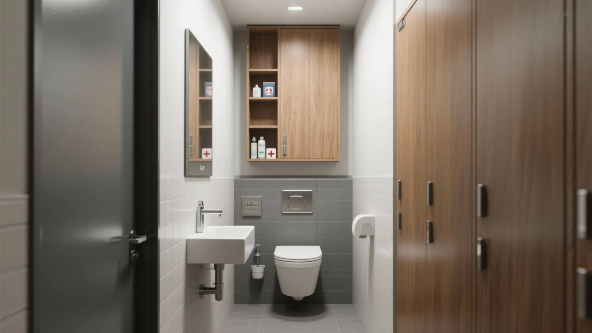 Narrow modern bathroom layout featuring white toilet sink wooden wall cabinet and tall brown cabinets