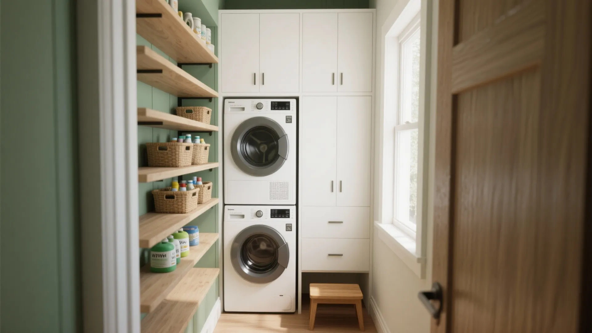 Narrow laundry closet with stacked machines, tall cabinets and open shelves with labeled baskets.