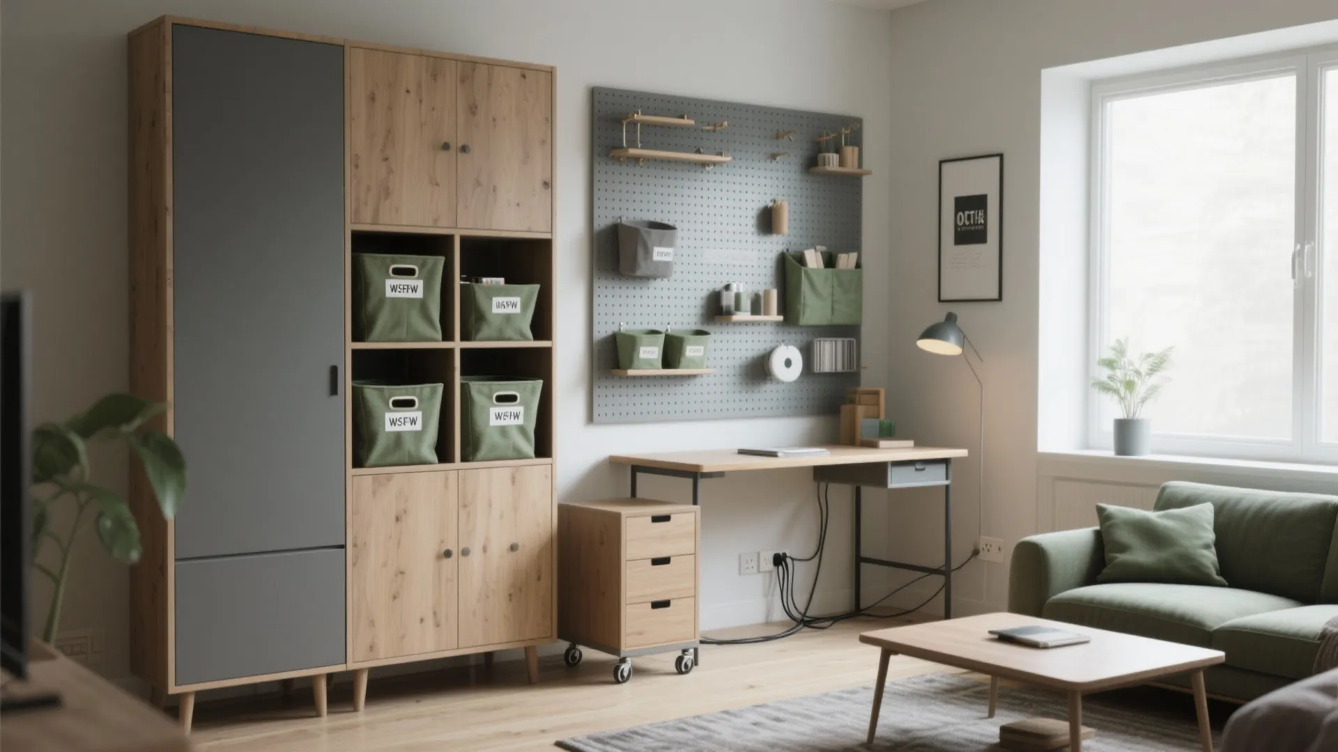 Home office with wooden storage cabinet green bins grey pegboard desk and green fabric sofa