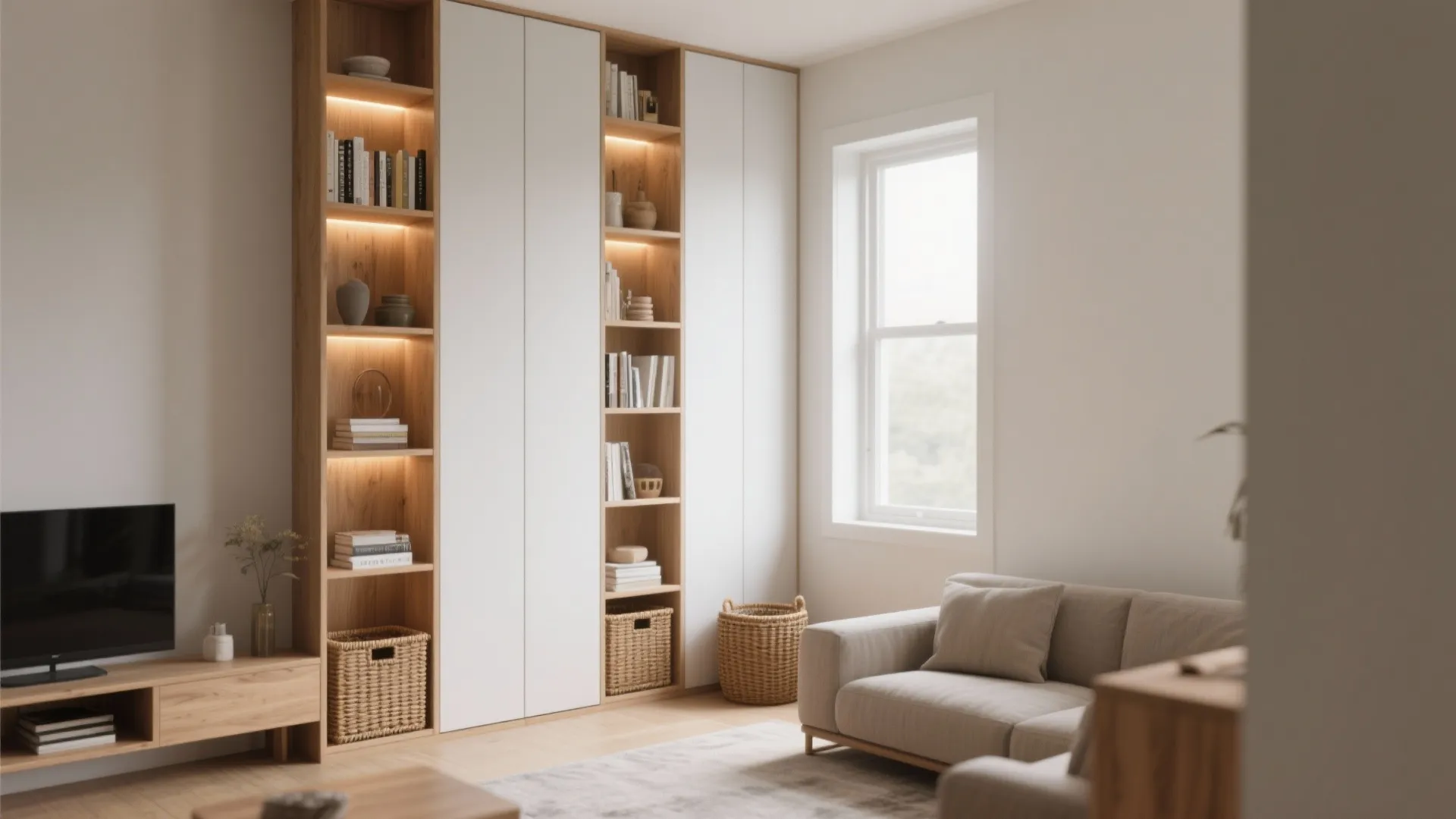 Living room featuring a tall wooden cabinet with built-in shelves and warm light and sofa