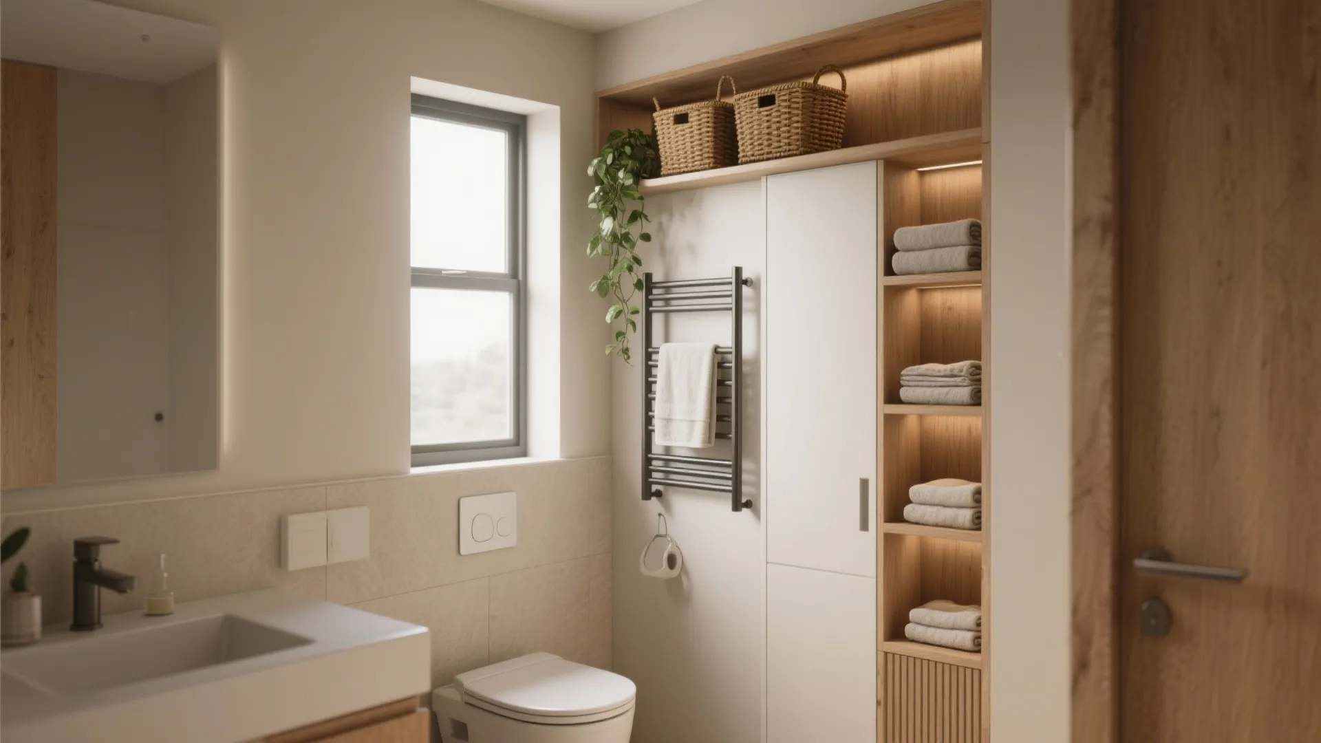 Modern bathroom with white toilet wooden shelves folded towels woven baskets wall plant and small window