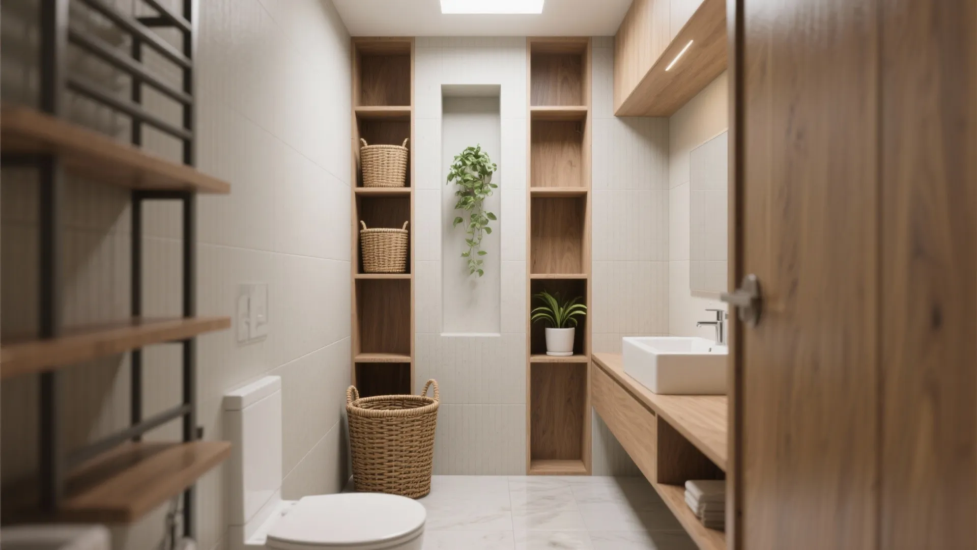 Clean bathroom interior with wooden tall wall shelves, woven baskets, green plants, and white toilet