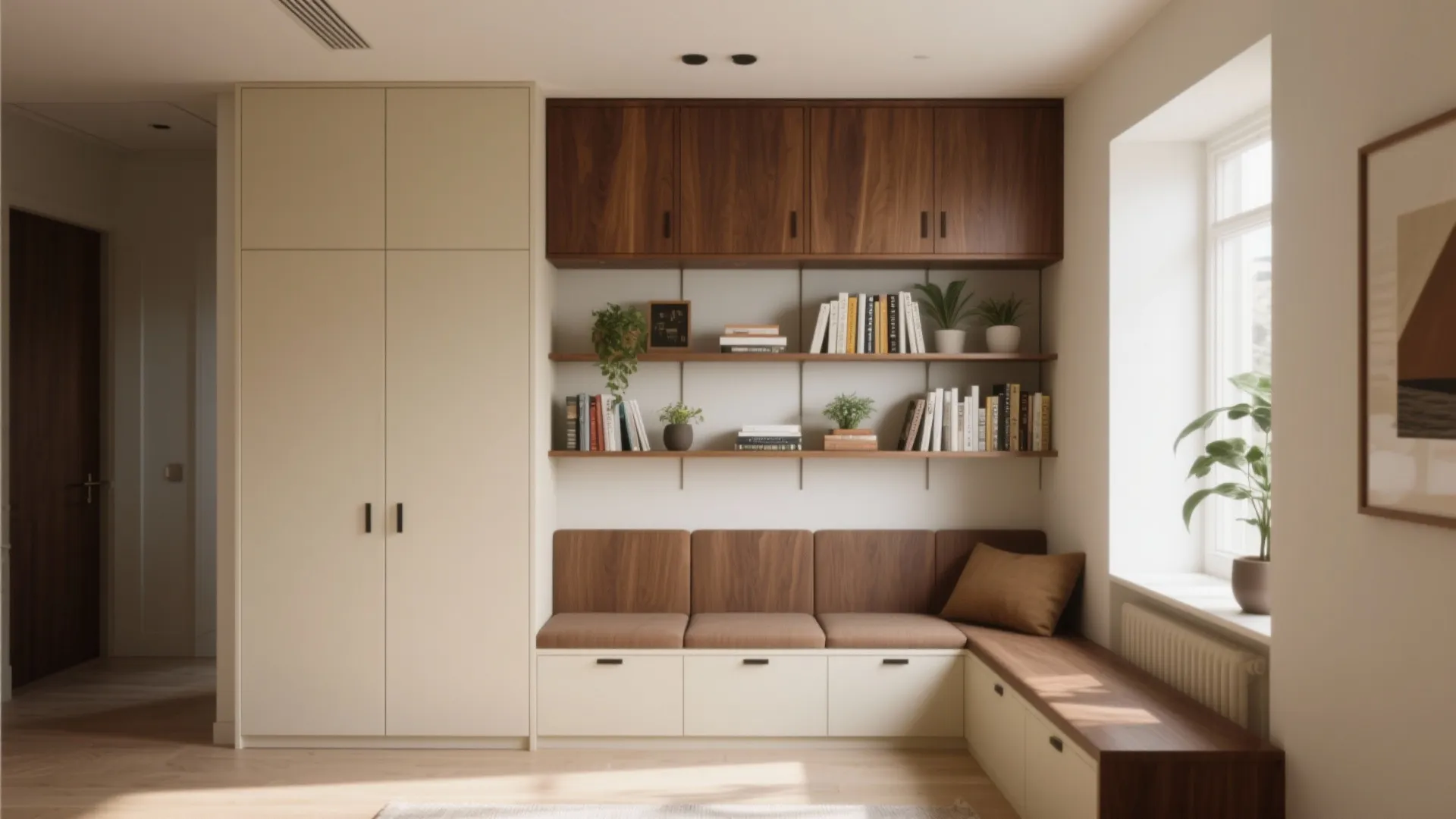 Wall storage unit with white tall cabinet brown wood shelves and seating area with soft cushions