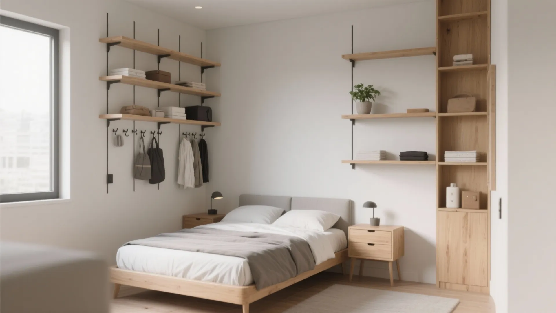 Minimalist bedroom featuring wall shelves tall wooden cabinet small bedside tables and a grey fabric bed