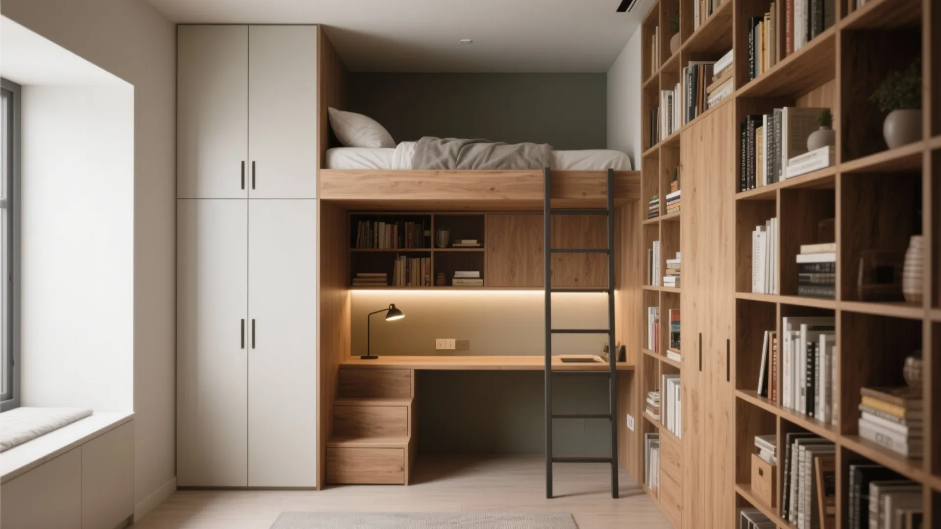Compact bedroom with floor-to-ceiling shelving and a loft bed creating reclaimed floor space.