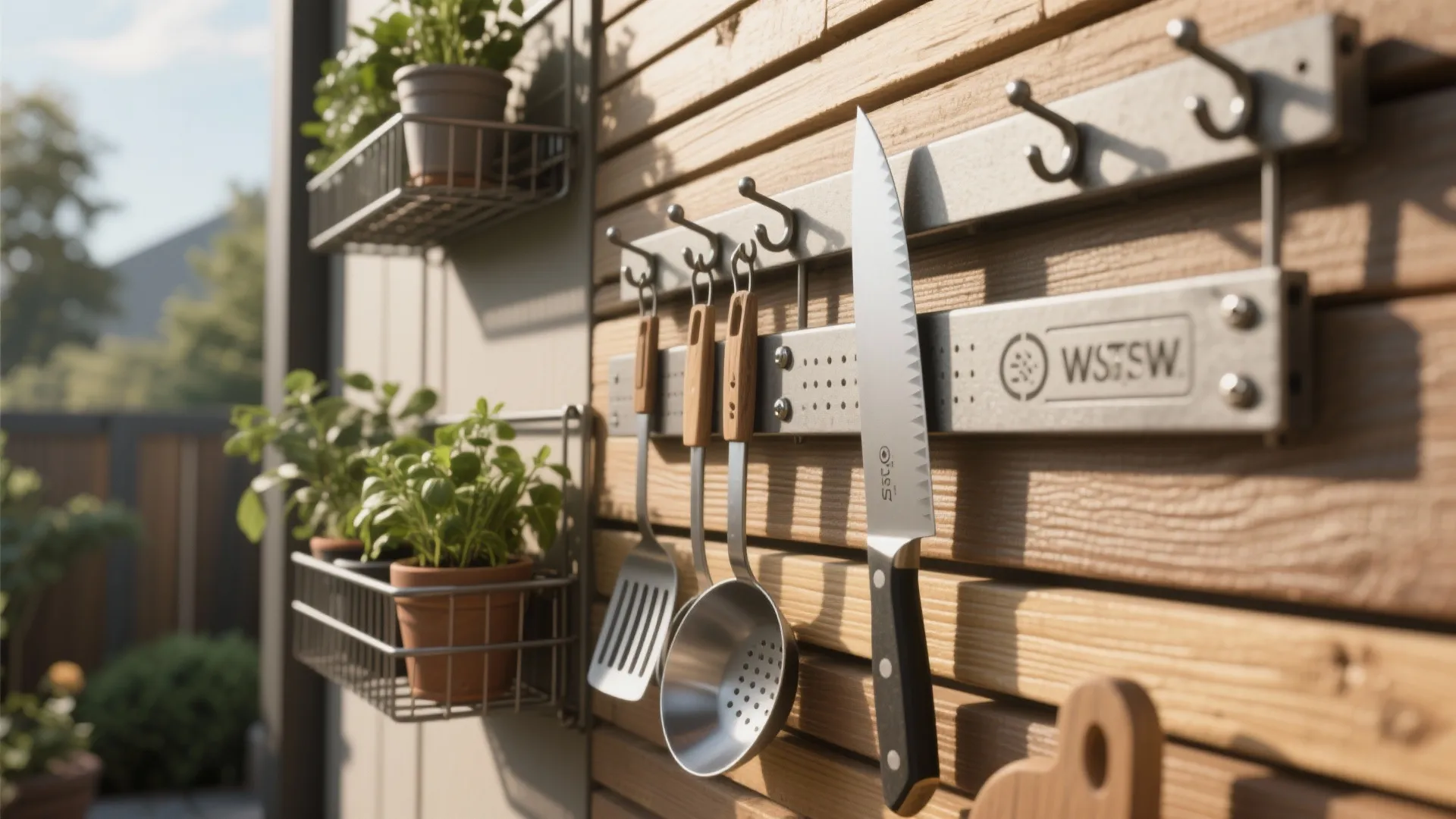 Wall mounted kitchen tool rack with metal hooks holding a knife and various cooking spoons