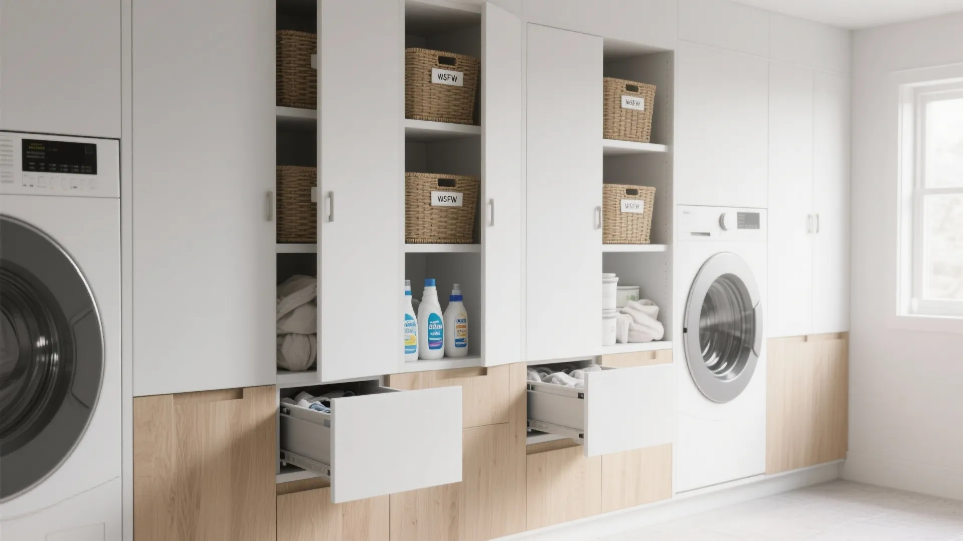 White laundry room wall cabinets with woven baskets storage drawers and built in washing machines