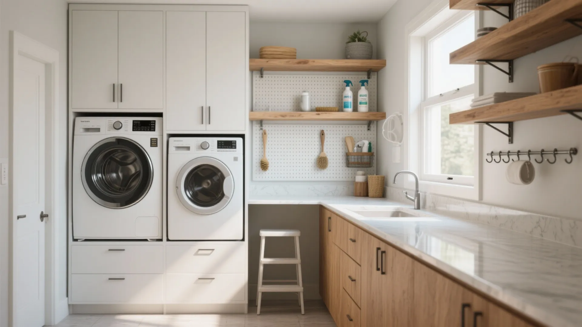 Modern laundry room with white washing machines wood wall shelves pegboard and marble counter top