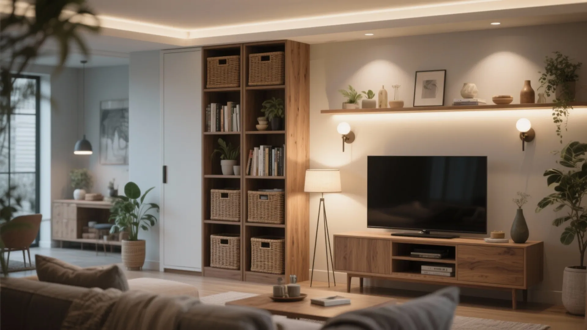 4. Go vertical: shelving, slim tall cabinets, and layered lighting