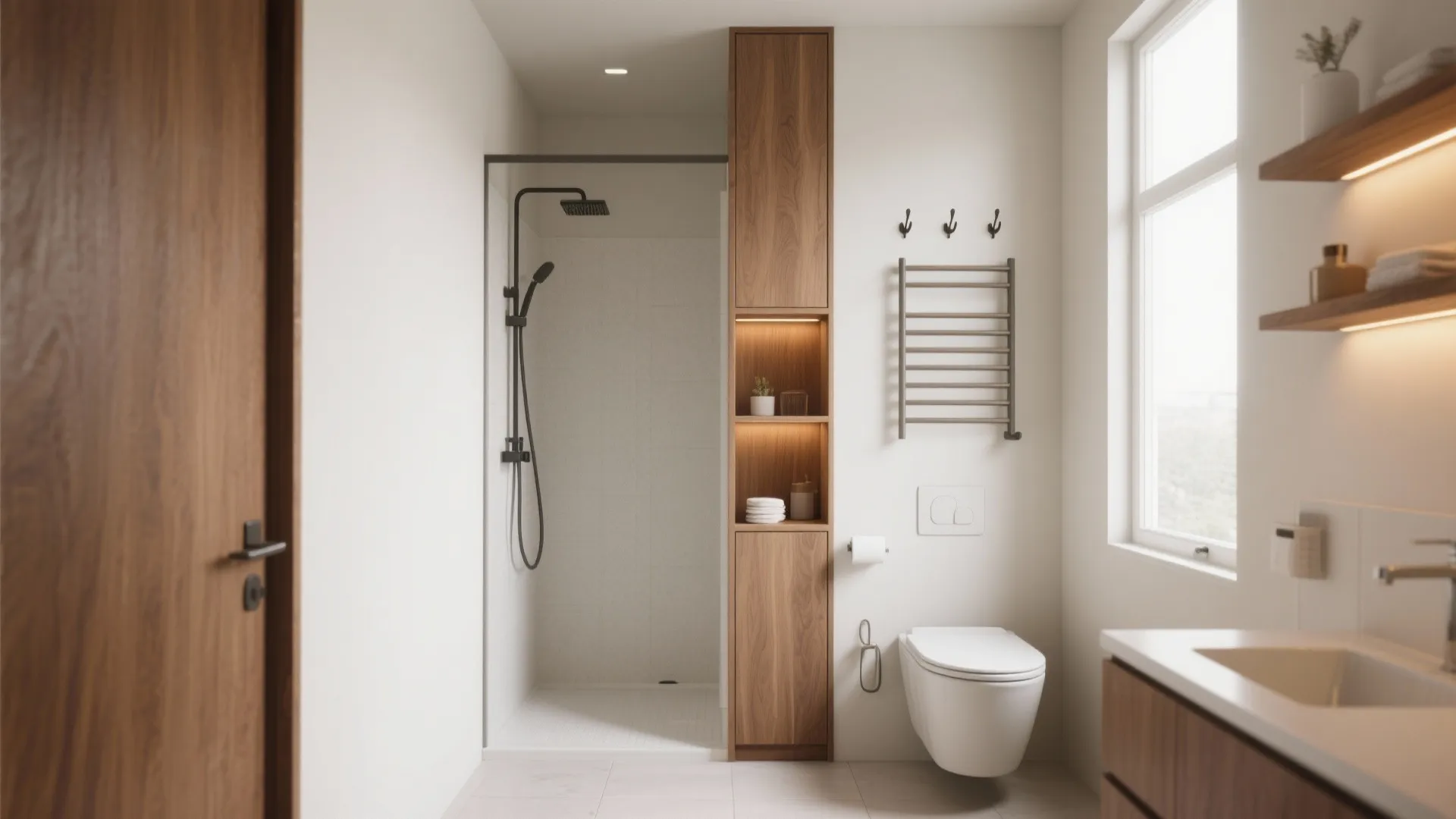 Small bathroom interior with tall wood cabinet glass shower wall toilet and white sink vanity