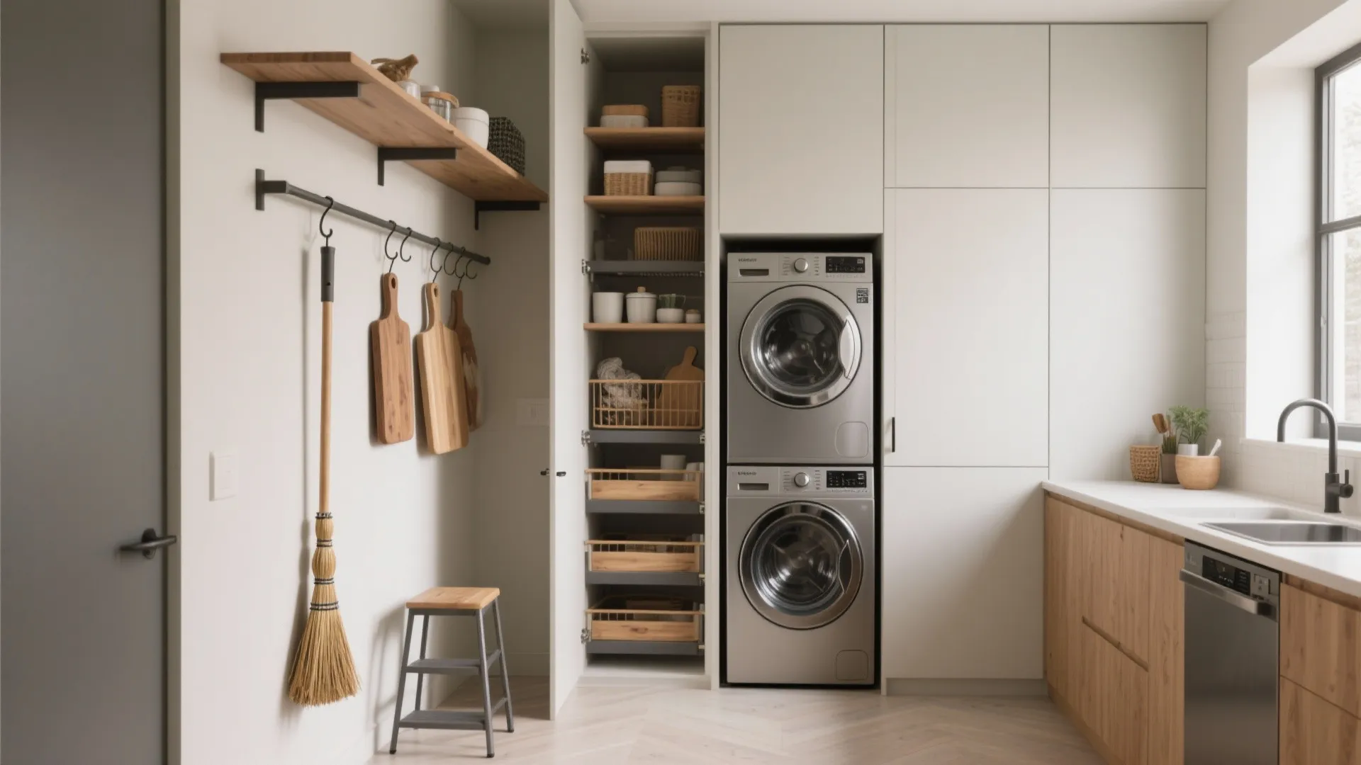 Laundry room with stacked washer and dryer next to a tall cabinet and wooden shelves