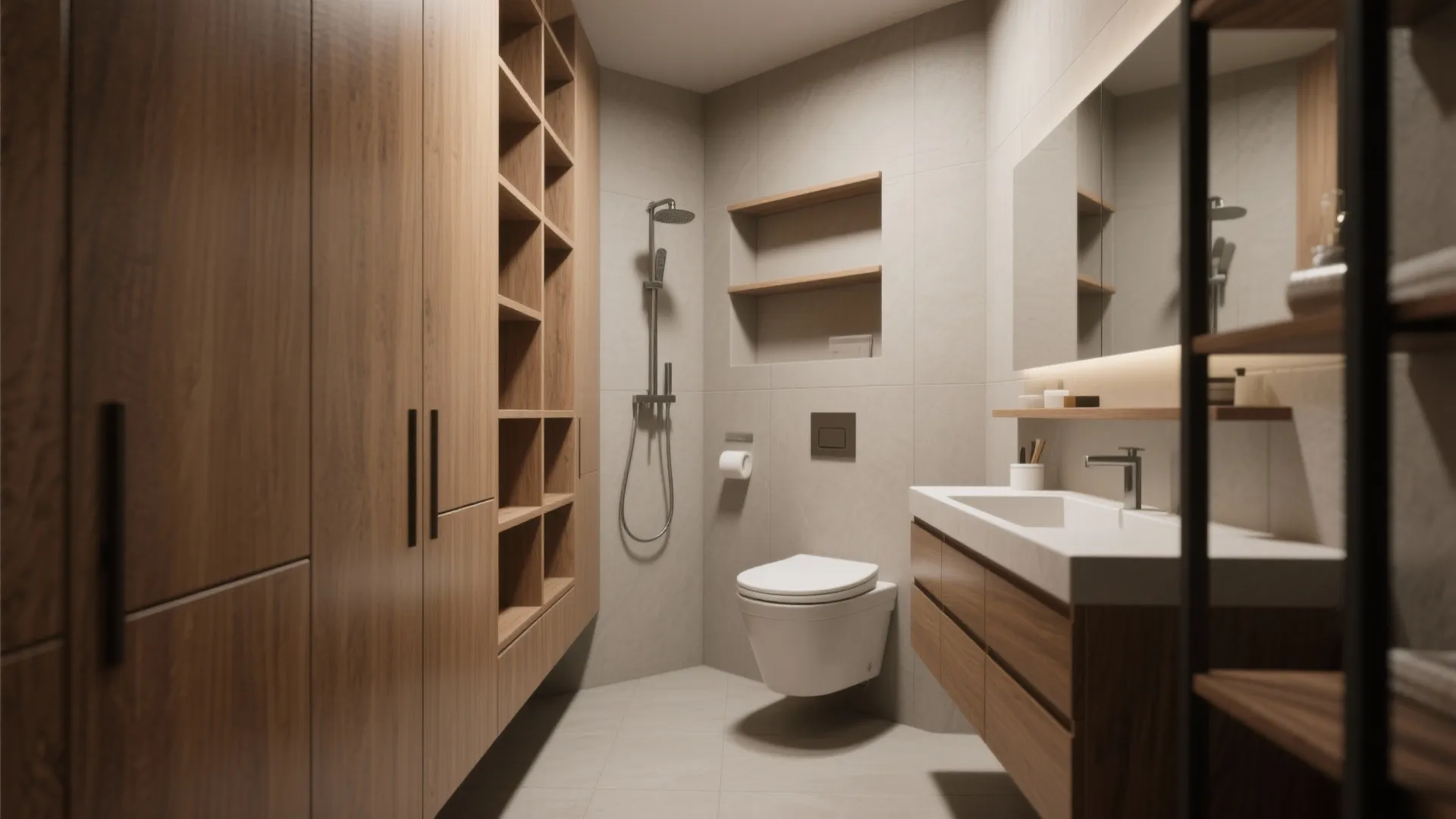 Modern bathroom with tall wood storage cabinets a floating toilet shower head and white wash basin