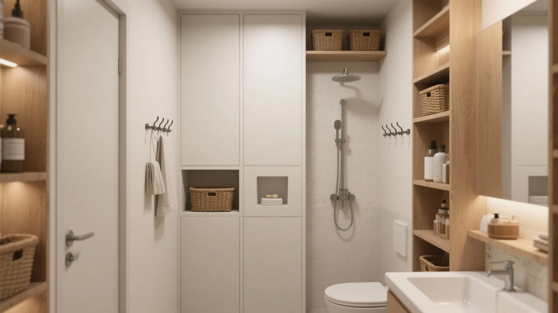 Bathroom interior design showing tall white cabinets wooden open shelves shower head and white toilet