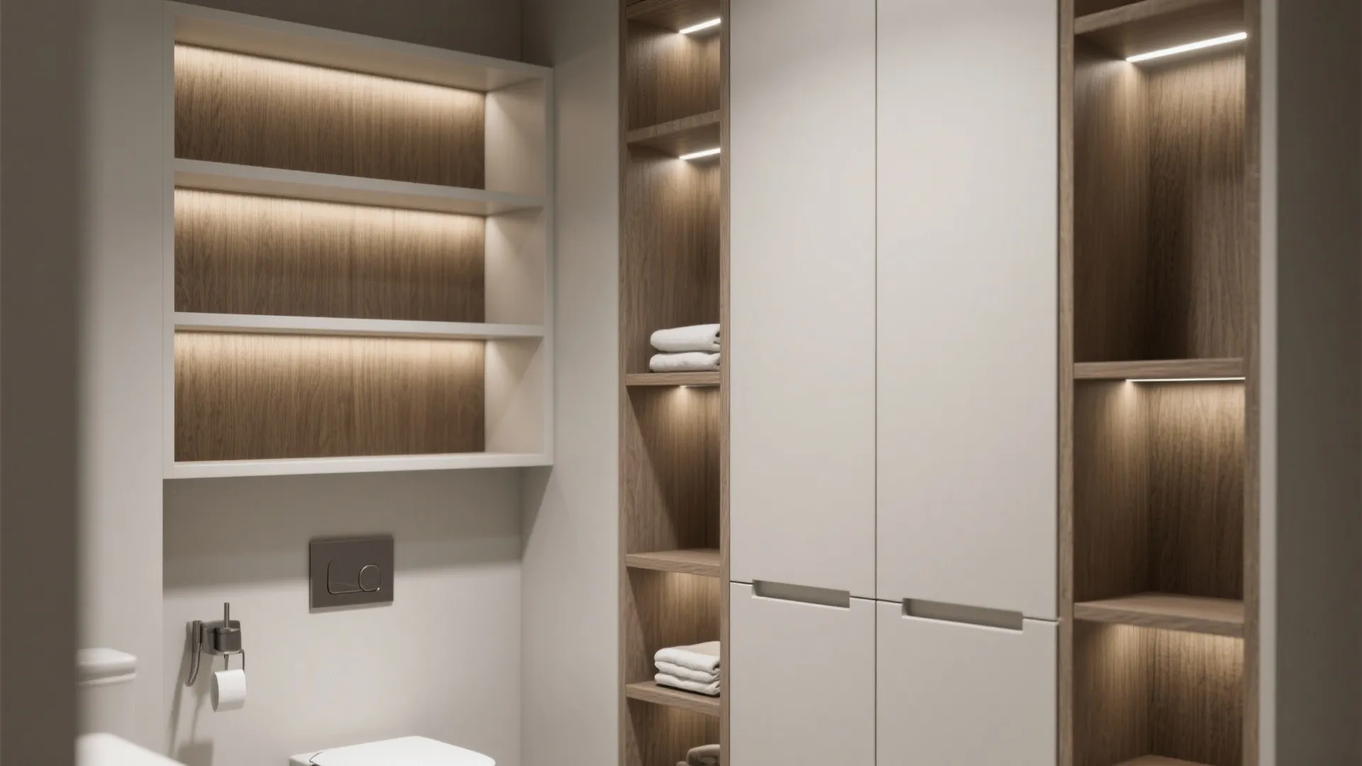 Modern bathroom storage solution featuring white cabinets and wooden shelves with built-in warm light fixtures