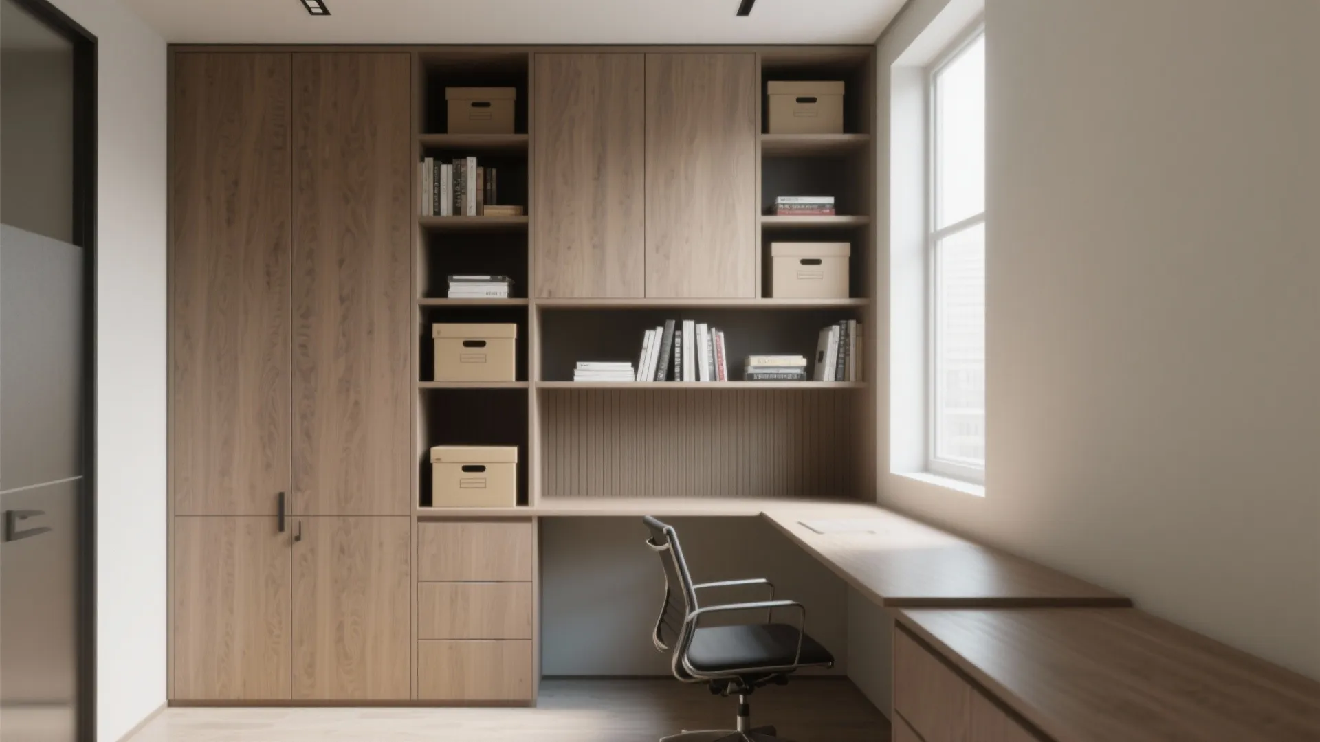 2. Vertical Storage Wall with a Slim Desk