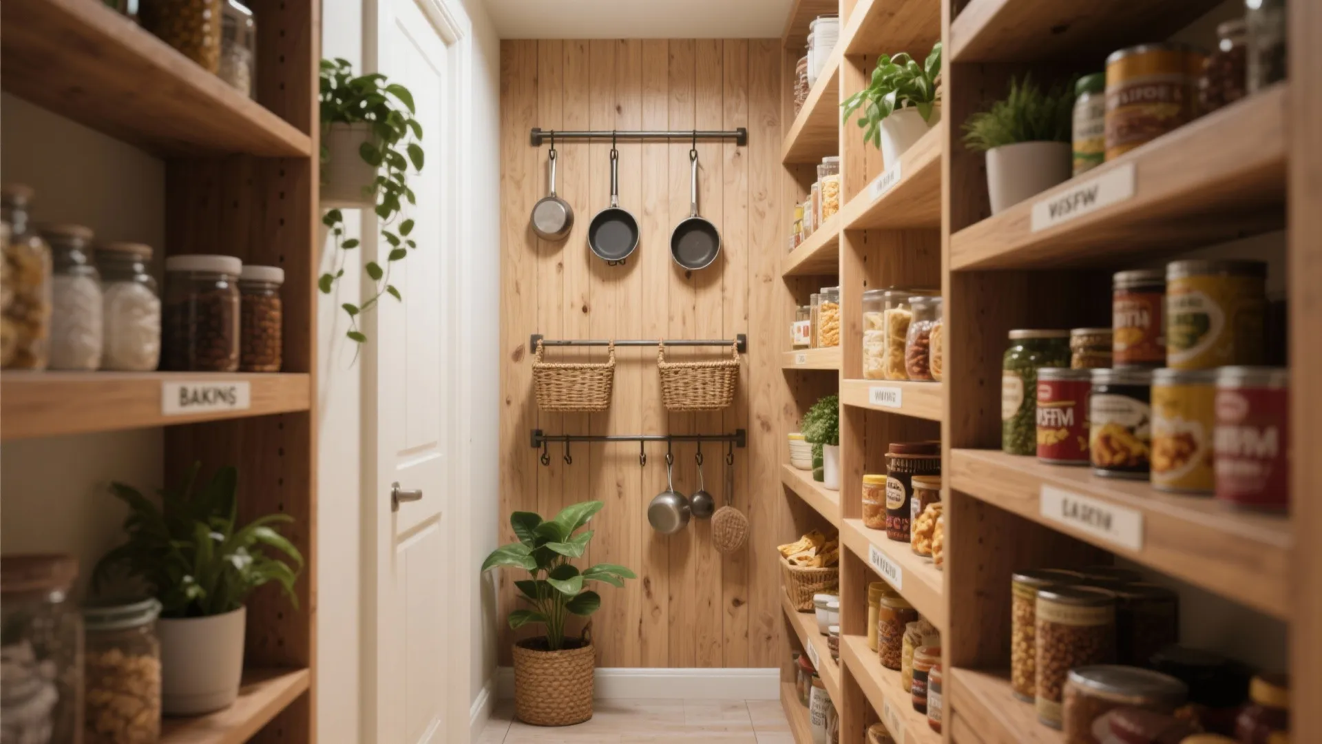 Small walk-in pantry with wooden shelves for food jars and wall hooks for hanging pans