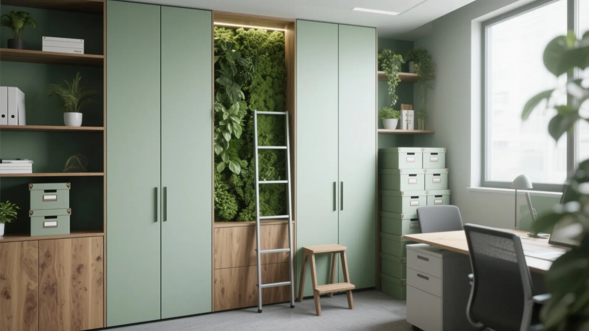 Tall cabinets and a slim living wall in a small office, showing vertical storage and greenery.