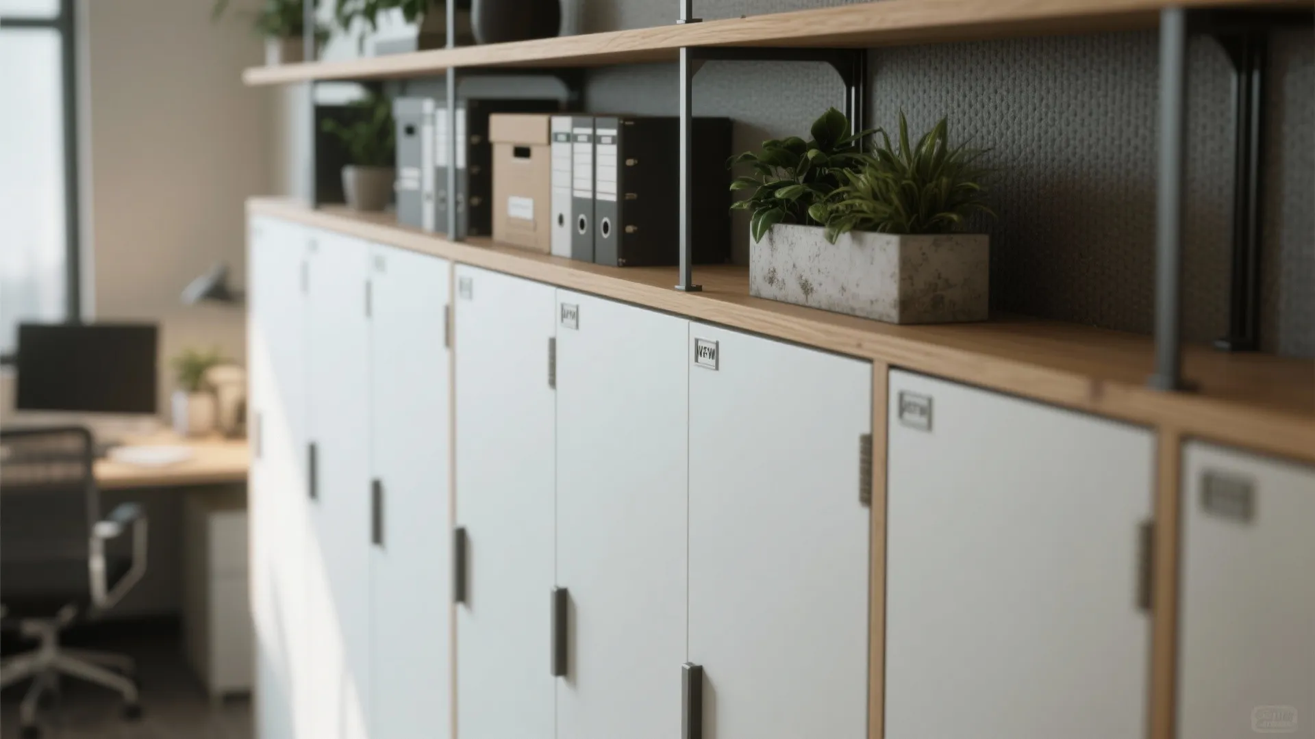 Modern office storage cabinet with white doors wooden shelves green plants and folders in background room