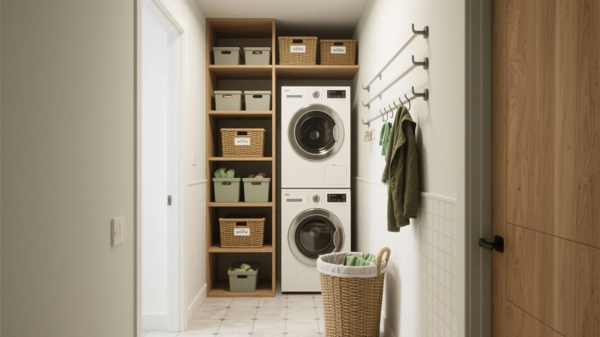Modern laundry room with stacked washing machine dryer and tall wooden shelf with storage baskets