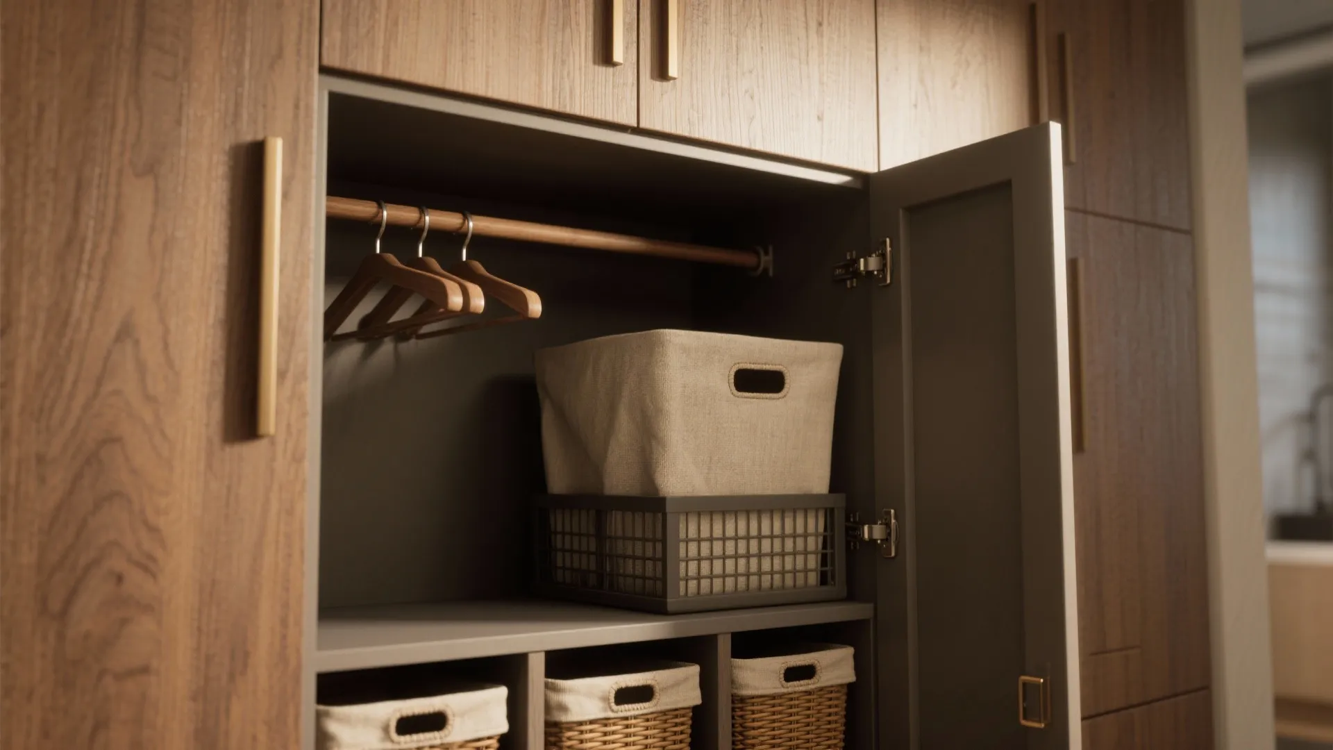 Wooden cabinet interior with storage baskets on shelves and wooden hangers on a hanging rod