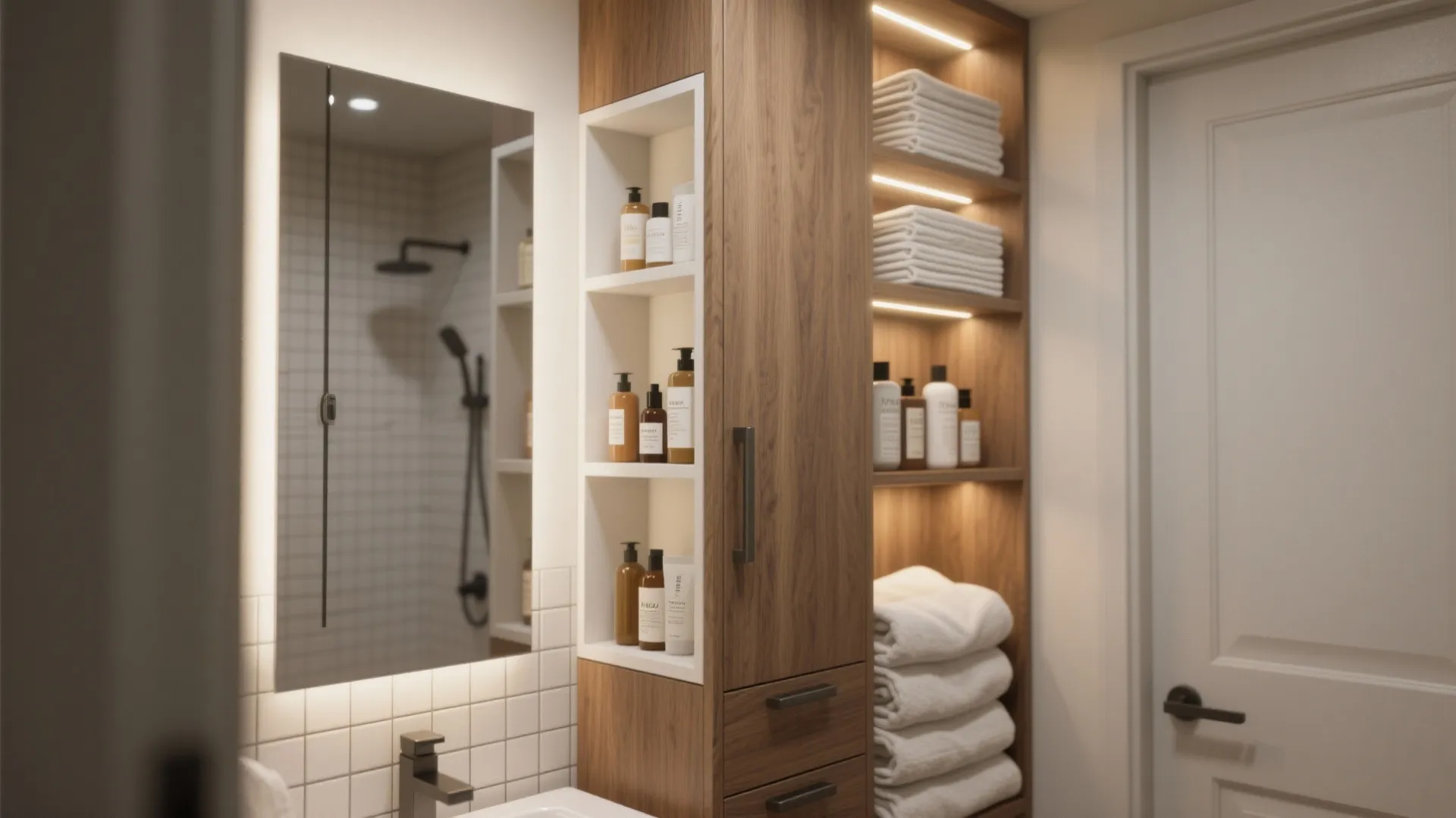 Tall medicine cabinet and recessed shower niche in a compact ADU bathroom for vertical storage.