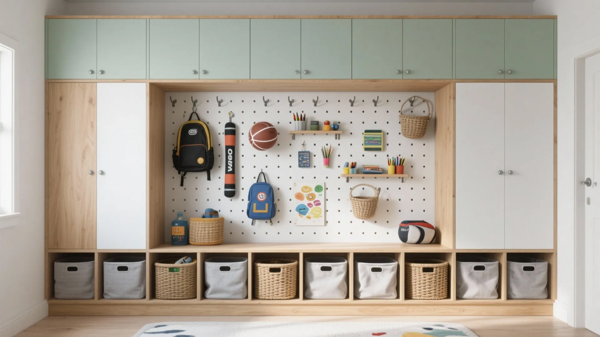 3) Vertical Storage Wall: Pegboard + Cubbies