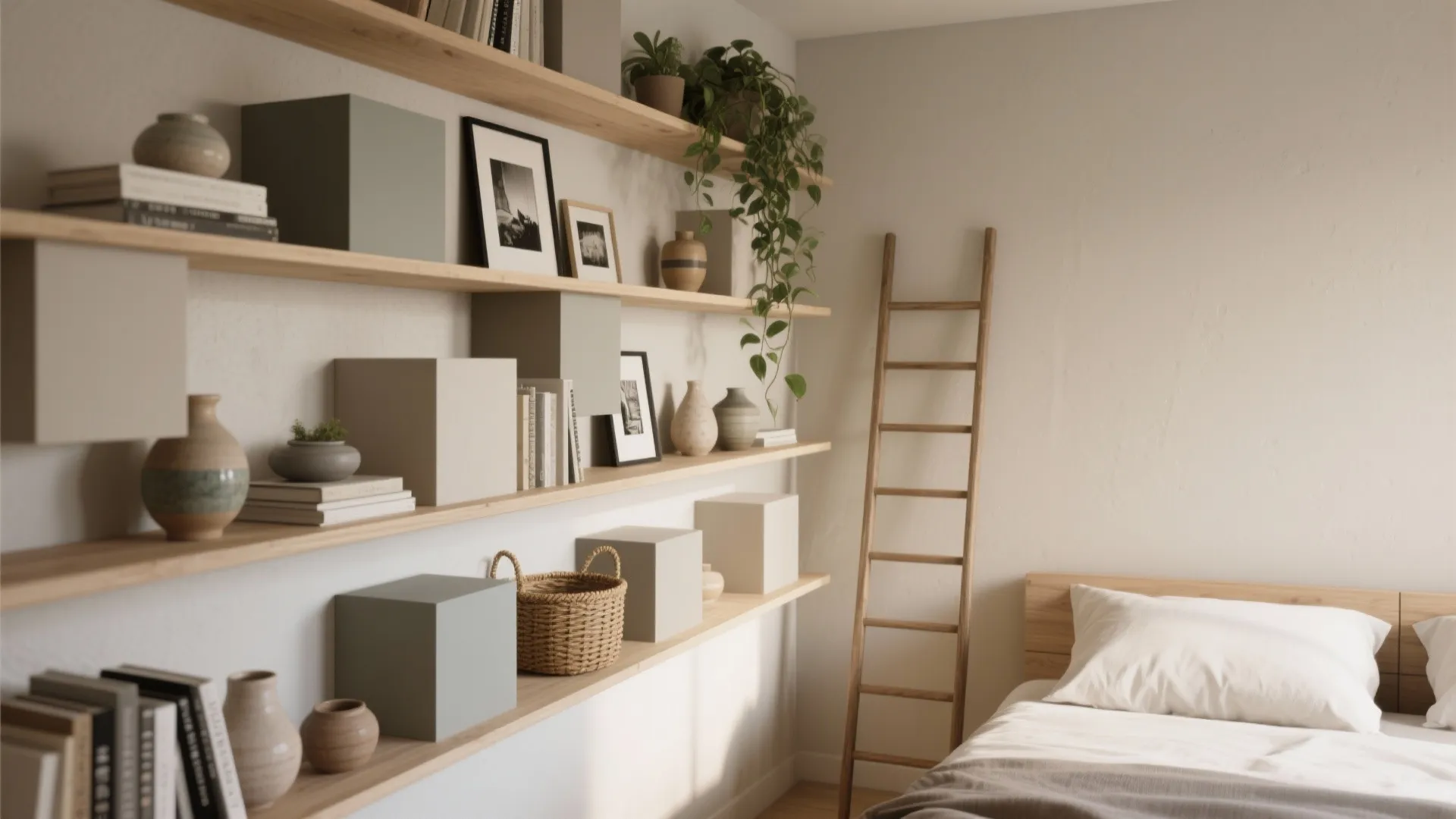 Minimalist bedroom featuring wooden wall shelves with books and plants next to a wooden decor ladder