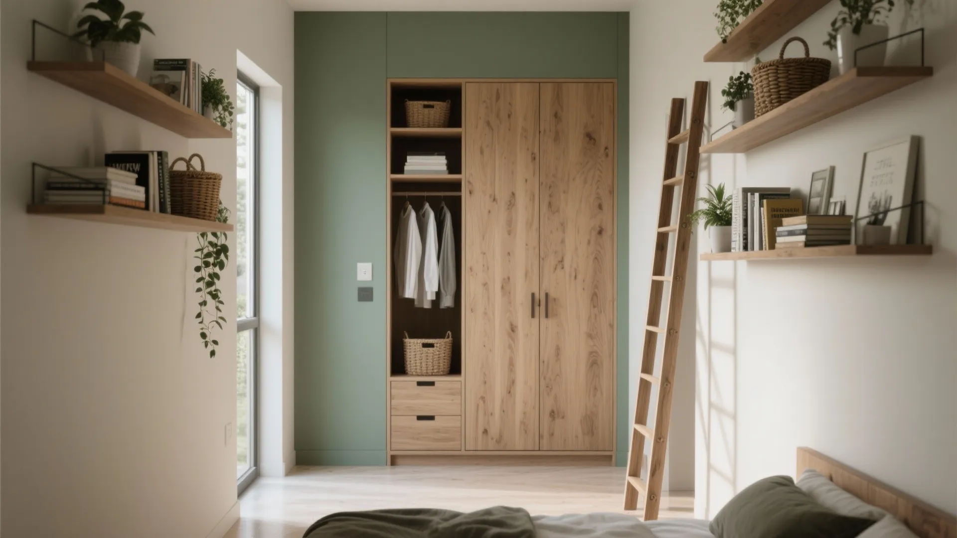 Wooden cabinet against green wall with wall shelves ladder and bedroom plants for room layout