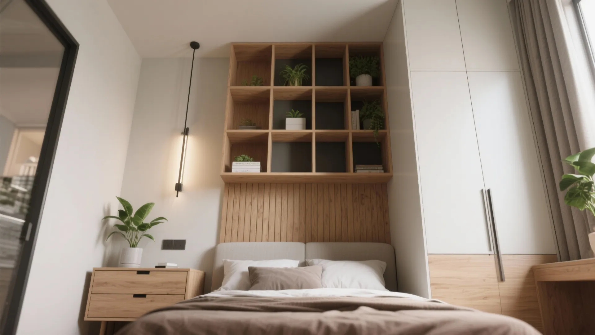 Modern bedroom with wooden wall shelf above the bed and white wardrobe in neutral tones