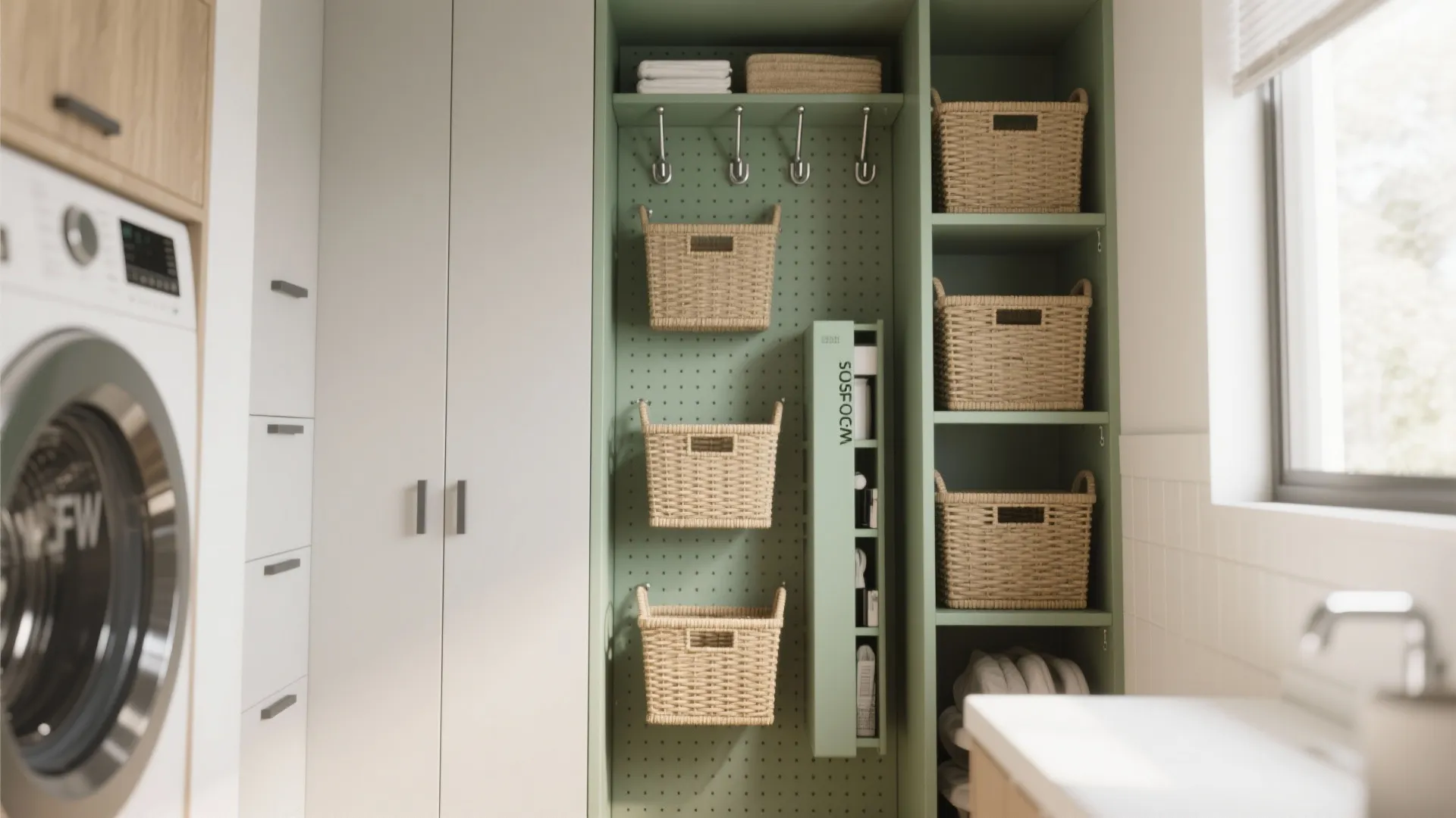 Modern laundry room with green pegboard wall storage including wicker baskets beside a washing machine